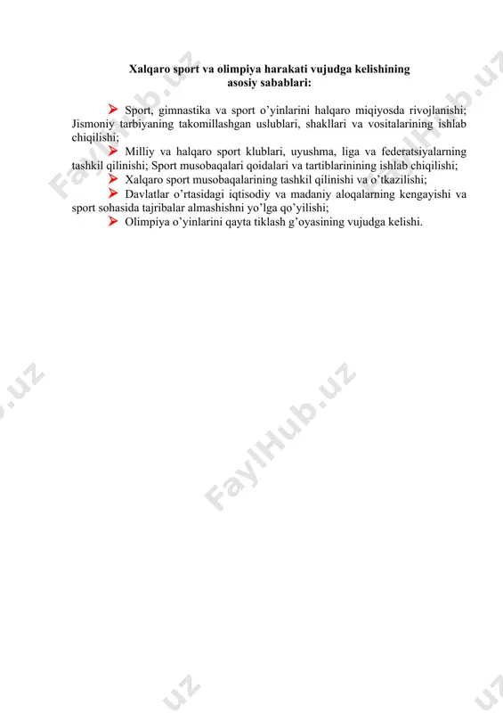 ’tkazilgan. 1925 yilda iste’foga chiqqan va 1937 yilgacha kuberten xoqning faxriy prezidenti bo’lgan. olimpiya harakati, sport tarixi, sotsiologiya, falsafa, siyosat, arxeologiya va fanning boshqa sohalariga oid 30 ta kitob, 50 ta risola, 1200 tadan ortiq maqolalar muallifidir. kuberten 29 yil xalqaro olimpiya qo’mitasining prezidenti bo’lgan. olimpiya ramzlari, belgilari, mukofotlari, sportchilar qasamyodi matni kuberten tomonidan ishlab chiqilgan. uni xizmatlariga yarasha “olimpizm otasi” deb atashadi. pyer de kuberten vasiyatiga ko’ra shveytsariyaning lozanna shahrida dafn etilgan, yuragi esa olimpiya shahrida marmar yodgorlik ostida dafn etilgan. olimpiya o’yinlari rivojlanish davrlarining umumiy tavsifi olimpiya o’yinlari rivojlanish davrlari o’ziga xos xususiyatlarga ega. olimpiya o’yinlari rivojlanishining birinchi va ikkinchi davrlari pyer de kuberten rahbarligida bosib o’tilgan. bu davrlar xalqaro olimpiya harakatining shakllanish va zamonaviy olimpiya o’yinlarining tiklanish davri hisoblanadi. olimpiya harakati tarixida bu davr “kuberten davri” deb nomlanadi. xalqaro olimpiya harakati va oimpiya o’yinlarining rivojlanishi unung huquqiy asoslarini yaratilishi, tashkiliy tuzilmasi va tarkibining shakllanishi, tashkiliy tadbirlarining yo’lga …