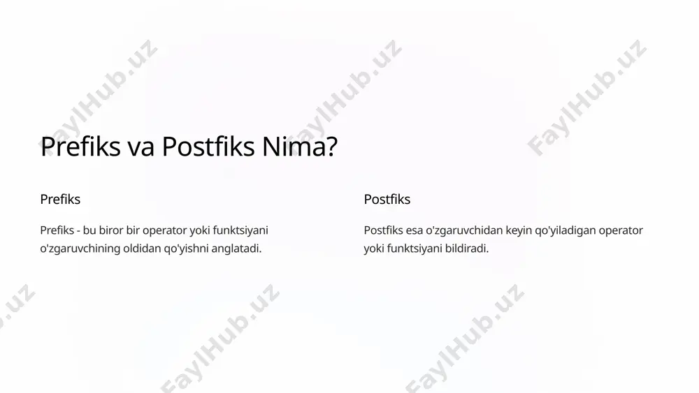 masalan, if shartida qiymatni tekshirishda. c++ kodlarida prefiks va postfikslar 1 misol 1 int x = 5; int y = ++x; // y = 6 2 misol 2 int x = 5; int y = x++; // y = 5 3 misol 3 for (int i = 0; i < 10; i++) { // ko'rsatmalar } prefiks va postfiks operatorlarining prioriteti prefiks va postfiks operatorlarining bajarilish tartibi dasturda muhim ahamiyatga ega. prefiks operatorlar postfiks operatorlardan oldin bajariladi. prefiks va postfiks operatorlarining turlari birlikni o'sish/kamaytirish: prefiks (++x yoki --x) yoki postfiks (x++ yoki x--) shaklida ishlatiladi. qiymatni o'sish/kamaytirish: prefiks operatorlar oldin qiymatni oshiradi/kamaytiradi, keyin uni qaytaradi. manzilni o'sish/kamaytirish: bu operatorlar xotirada ko'rsatgichning manzilini oshiradi/kamaytiradi. qiymatni o'zgartirish: postfiks operatorlar avvalgi qiymatni qaytaradi va keyin qiymatni oshiradi/kamaytiradi. prefiks va postfiksni ko'p o'zgaruvchilar bilan ishlatish bir nechta o'zgaruvchilarni prefiks yoki postfiks operatorlarini yordamida o'zgartirish mumkin. har bir o'zgaruvchi uchun operator alohida qo'llaniladi. prefiks va …