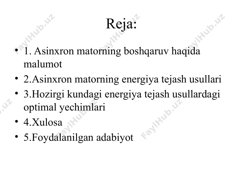 termosifonlarning qo`llanilishi ushbu motorlarning quvvatidan to`liqroq foydalanish imkonini beradi. elektr energiyani aktiv iqtisod qilish passiv iqtisod qilishdan farqi shundaki bu jarayon qo`shimcha texnik vosita va moslamalar yordamida ishlab chiqarish qurilma va mashinalarda elektr energiyadan yanada samarali foydalanish imkonini yaratishdan iboratdir. o`z navbatida elektr energiyadan aktiv iqtisod qilish elektryuritmalardagi yuklanishlarni rostlash, optimal boshqarish va salt yurishni chegaralash kabi vazifalarni qo`shimcha texnik vositalar yordamida bajarishga bo`linadi. bundan tashqari ishlab chiqarish qurilma va mashinalarning tezligi rostlanmaydigan elektryuritmalarini tezliklari rostlanuvchi elyektryuritmalar bilan almashtirish elektr energiyani aktiv iqtisod qilish asosini tashkil etadi. tezligi rostlanadigan va rostlanmaydigan elektryuritmalarning energetik korsatkichlari yuklanganlik darajasiga qarab optimallashtiruvchi texnik vositalar yordamida elektr energiyani iqtisod qilish aloxida bir yo`nalish bo`lib, bu sohada keng imkoniyatlar mavjudligini ko`rsatadi. mavjud ishlab turgan motorlarni energiya tejamkor motorlarga almashtirilib, elektryuritmaning boshqaruv qismini o`zgartirmagan holda ishlatish natijasida energiya tejash mumkin. xulosa bugungi globallashuv va sanoatning jadal rivojlanayotgan sharoitida energiya resurslaridan oqilona foydalanish dolzarb masalaga aylangan. ayniqsa, elektr …