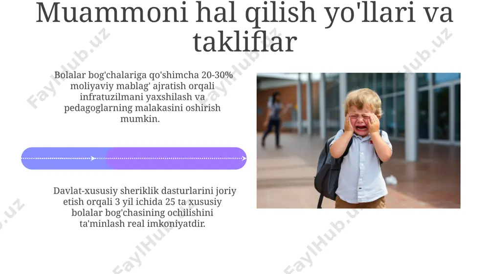 ining talabiga nisbatan 30% kam bo'lib, o'rtacha 15 ta o'rin uchun 20 ta arizachi to'g'ri keladi. bu katta navbatlar va uzoq muddatli kutish ro'yxatlariga olib keladi. ta'lim dasturlari va o'quv uslublarining samaradorligi interaktiv o'yinlar orqali o'qitish an'anaviy usullarga nisbatan 35% yuqori natijalarni beradi, ammo o'qituvchining malakasi muhim ahamiyatga ega. bolalar bog'chasida qo'llaniladigan individual yondashuvli o'quv usullari, guruhlarga nisbatan o'rtacha 15% yuqori o'zlashtirish ko'rsatkichlarini ta'minlaydi. innovatsion texnologiyalarni qo'llash sensorli ekranli qurilmalar va robot texnologiyalarini qo'llash bolalarni mantiqiy fikrlash qobiliyatini rivojlantirishga va muammolarni hal qilish ko'nikmalarini 35% ga yaxshilashga yordam beradi. interaktiv o'quv dasturlari, masalan, 3d modellashtirish va virtual sayohatlar, bolalarni o'rganish jarayoniga faol jalb qilish orqali 20% ga o'qish samaradorligini oshirishi mumkin. bolalar rivojlanishining psixologik jihatlari 60% dan ortiq bolalarda 3 yoshga kelib salbiy his-tuyg'ularni ifoda etish (masalan, g'azab, xafa bo'lish) ning murakkab usullarini rivojlantiradi, bu esa muloqot va ijtimoiy moslashuv qiyinchiliklariga olib kelishi mumkin. taqlid qilish orqali o'rganishning muhim ahamiyati: …