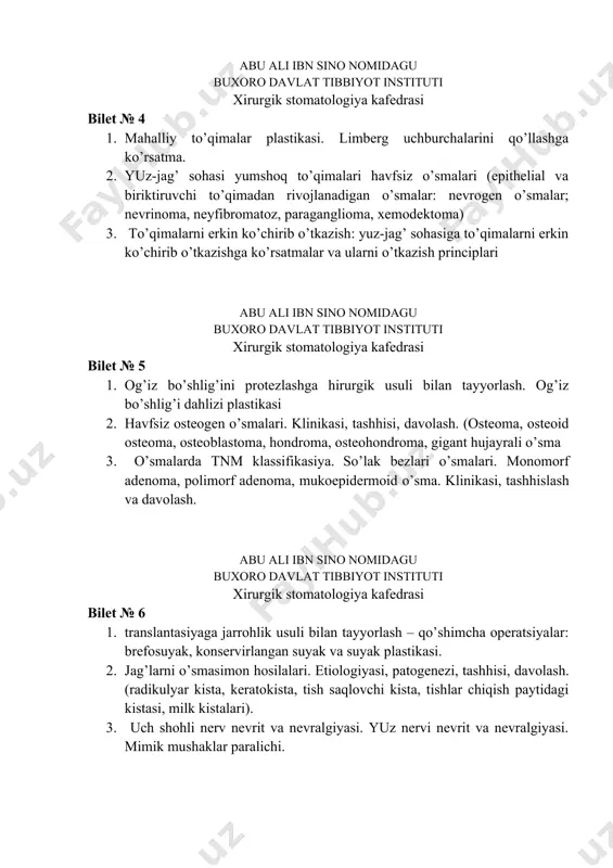 osteogen o’smalari. klinikasi, tashhisi, davolash. (osteoma, osteoid osteoma, osteoblastoma, hondroma, osteohondroma, gigant hujayrali o’sma 3. o’smalarda tnm klassifikasiya. so’lak bezlari o’smalari. monomorf adenoma, polimorf adenoma, mukoepidermoid o’sma. klinikasi, tashhislash va davolash. abu ali ibn sino nomidagu buxoro davlat tibbiyot instituti xirurgik stomatologiya kafedrasi bilet № 6 1. translantasiyaga jarrohlik usuli bilan tayyorlash – qo’shimcha operatsiyalar: brefosuyak, konservirlangan suyak va suyak plastikasi. 2. jag’larni o’smasimon hosilalari. etiologiyasi, patogenezi, tashhisi, davolash. (radikulyar kista, keratokista, tish saqlovchi kista, tishlar chiqish paytidagi kistasi, milk kistalari). 3. uch shohli nerv nevrit va nevralgiyasi. yuz nervi nevrit va nevralgiyasi. mimik mushaklar paralichi. abu ali ibn sino nomidagu buxoro davlat tibbiyot instituti xirurgik stomatologiya kafedrasi bilet № 7 1. og’iz bo’shlig’ini protezlashga hirurgik usuli bilan tayyorlash (lab til yuganchalari qisqa bo’lganligidagi operatsiyalar, og’iz bo’shlig’i dahlizidagi mushak va shilliq qavat chandiqlarini bartaraf qilish, to’qimalarning yallig’lanishga uchragan ortiqcha qismlarini olib tashlash. jag’lar alveolyar o’siqlaridagi operatsiyalar. yuqori va pastki jag’lardan …