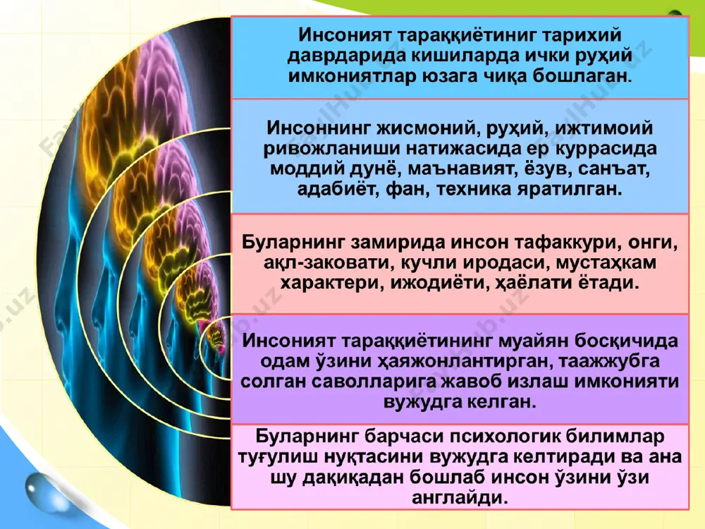 ия, педагогик психология, ёш даврлар психологияси, ижтимоий психология, меҳнат психологияси, инженерлик психологияси, юридик психология, харбий психология, тиббиёт психологияси, савдо психологияси, этнопсихология, оилавий ҳаёт психологияси, бошқарув психологияси, иқтисодий психология, шахс психологияси, раҳбар психологияси, мулоқот психологияси, интеллект психологияси, психодиагностика ва бошқалар. қуйидаги психология соҳаларига тўхталиб ўтамиз. психология фанининг тадқиқот методлари кузатув тажриба сўровнома а) узлуксиз; б) ўзини-ўзи кузатиш а) лабораторияда тажриба ўтказиш; б) табиий шароитда тажриба ўтказиш в) кесма суҳбат таржимаихол интервью социометрия тест статистик маълумотларни қайта ишлаш фрейдизм неофрейдизм гештальтпсихология гуманистик психолигия необихевиоризм бихевиоризм l/o/g/o эътиборингиз учун раҳмат!