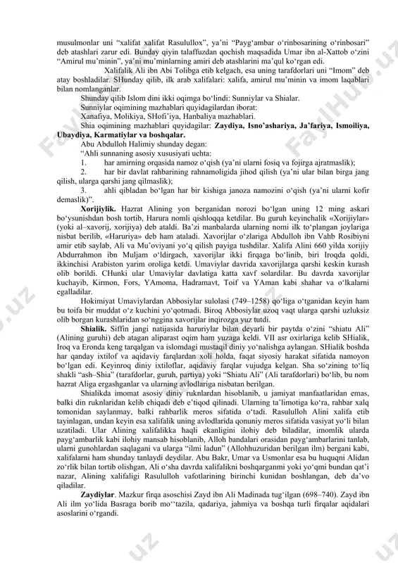 utasavvif atamalarining kelib chiqishi haqida xilma–xil qarashlar mavjud. hozirgi paytga kelib ko‘proq tasdiqlangan va ko‘pchilik (sharq va g‘arb olimlari) tomonidan qabul qilingan fikr shuki, ushbu atama «jun, yung» ma’nosini bildiruvchi suf (o‘zak harflari – svf) so‘zidan olingan. bundan tashqari mazkur atamaning kelib chiqishi ilk islom davrida zohidlik guruhlari ko‘rinishida shakllangan «ahl as–suffa» (payg‘ambarning madinadagi uyi yaqinidagi suffaga yig‘iluvchi zohid kishilar)ga tegishli degan fikrlar ham mavjud. g‘arbiy evropa tadqiqotchilari esa to xx asrga qadar uni yunoncha – «sophia» (hikmat) so‘zidan kelib chiqqan degan fikrga moyil bo‘lganlar. sufiylik amaliyotining asosini zikr tashkil etadi. tariqat hayotini tashkil etishda tasavvufda ustoz–shogird sifatida qabul qilingan murshid–murid aloqalari muhim rol o‘ynaydi. aynan shu aloqa jamiyat ichida o‘zaro manfaatlarni birgalashib himoya qiluvchi tashkilot tuzilishi uchun asos bo‘lib xizmat etdi. 2-reja. islom oqimlari va yo‘nalishlarining paydo bo’lishi sabablari, eʼtiqodidagi bo‘linishlarning sabablari va oqibatlari. rasululloh (s.a.v.) shunday deganlar: “yahudiylar 71 firqaga bo‘linganlar. nasroniylar 72 firqaga bo‘linganlar. mening ummatim 73 …
