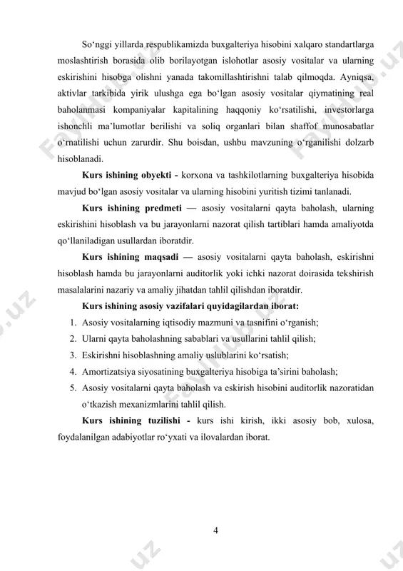 ildan ortiq) xizmat qiladi va ko‘p hollarda ularning qiymati belgilangan minimal me’yordan yuqori bo‘ladi. ular ishlab chiqarish jarayonida ko‘p marotaba qatnashadi, ya’ni bir necha ishlab chiqarish siklida foydalaniladi. o‘zining jismoniy shaklini saqlagan holda mahsulot ishlab chiqarishga xizmat qiladi, biroq o‘z qiymatini asta-sekinlik bilan amortizatsiya shaklida mahsulot yoki xizmat tannarxiga o‘tkazadi. ular korxona balansida alohida buxgalteriya hisobi yuritiladigan moddiy aktivlar hisoblanadi. asosiy vositalar ishlab chiqarish quvvatining shakllanishi va korxonaning samarador faoliyat yuritishida hal qiluvchi rol o‘ynaydi. misol uchun, ishlab chiqarish korxonasidagi mashina, dastgohlar, binolar, transport vositalari, ishlab chiqarish inshootlari asosiy vositalar tarkibiga kiradi. ular bo‘lmasdan, hech qanday ishlab chiqarish jarayoni amalga oshmaydi. shu sababli asosiy vositalar ko‘pincha “ishlab chiqarishning asosiy tayanchi” deb nomlanadi. asosiy vositalarning iqtisodiy faoliyatdagi rolini quyidagicha izohlash mumkin: ular ishlab chiqarish jarayonining moddiy-texnik bazasini tashkil etadi. mahsulot sifatiga, tannarxiga va ishlab chiqarish samaradorligiga bevosita ta’sir ko‘rsatadi. innovatsion texnologiyalarni joriy etish va texnik-modernizatsiyani amalga oshirishda asosiy vositalarning holati muhim …