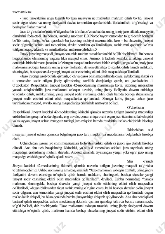 kodeksiga yangi jazo turi sifatida qamoq jazosi kiritildi. ushbu jazo qisqa muddatli ozodlikdan mahrum qilish bo`lib, amaliyotda ko`p yillardan beri ozodlikdan mahrum qilish jazosiga muqobil bo`lgan jazolar doirasini kengaytirish masalasi o`rtaga tashlangan edi. ta`kidlash kerakki, amaldagi jinoyat kodeksi qabul qilinganida, birinchi marta «jinoyat va jazo tushunchalari» ishlab chiqildi. o`zbekiston respublikasi jinoyat kodeksi 42-moddasining 1-qismiga ko`ra «jazo - jinoyat sodir etishda aybli deb topilgan shaxsga nisbatan davlat nomidan sud hukmi bilan qo`llaniladigan va mahkumni qonunda nazarda tutilgan muayyan huquq va erkinliklardan mahrum qilish yoki ularni cheklashdan iborat majburlov chorasidir». ushbu qoidadan ko`rinadiki, jinoiy jazo faqat o`zbekiston respublikasining jinoyat kodeksi bilan, qilmishida jinoyat tarkibi mavjud bo`lgan, aybi to`la isbotlangan shaxslargagina qo`llanilishi mumkin. qonunda nazarda tutilgan ushbu jinoyat-huquqiy tushuncha, o`z navbatida, jinoyat sodir etishda aybdor deb topilgan shaxslarga nisbatan qo`llash jarayonida amal qiladigan asosiy qoidalar, ta`sir choralari, ularni belgilash borasidagi prinsip va maqsadlarini ifoda etadi. shuning uchun jinoyat huquqida jazo to`g`risidagi ta`limot har …