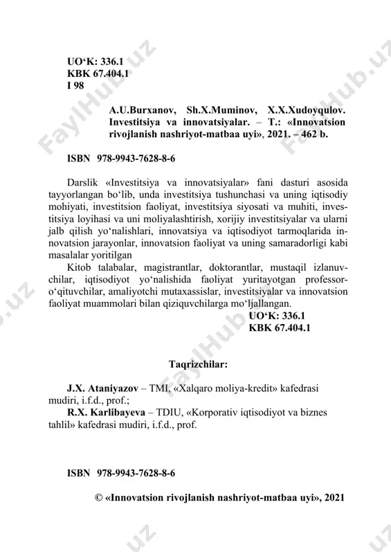 , investorlar uchun qulay investitsiya muhiti yaratishga asosiy e’tibor qaratilmoqda. bu borada o‘zbekiston respublikasi prezidenti shavkat mirziyo- yevning 2021-yilga bag‘ishlangan oliy majlisga murojaatnomasida alohida urg‘u berilgan, xususan “... iqtisodiy o‘sishga, avvalo, raqobatdosh sanoat zanjirlarini yaratish hamda bunday loyihalarga investitsiyalarni ko‘paytirish orqali erishiladi, shuningdek, mamlakat taraqqiyotining zamini, hech shubhasiz, ilm-fan va innovatsiyalardir”1. shu o‘rinda, bugungi kunda xususiy va to‘g‘ridan to‘g‘ri investitsiyalar ulushini oshirish hisobiga investitsiya siyosatini yuritishda davlat ishtirokini pasaytirishga alohida e’tibor berilmoqda. vaholanki, jahon miqyosida to‘g‘ridan to‘g‘ri xorijiy inves- titsiyalar jalb qilish qulay investitsiya muhiti yaratish, ularni mamlakatning strategik tarmoqlarini innovatsion rivojlantirish va ularga investitsiyalarni jalb qilishni yanada rag‘batlantirish, investitsion va innovatsion faoliyatning o‘zaro bog‘liqligini ta’minlash bugungi kunning dolzarb masalalaridan hisoblanadi. ma’lumki, mamlakatning barqaror iqtisodiy o‘sishi va innovatsion rivojlanishiga o‘z-o‘zidan erishib bo‘lmaydi. bu xo‘jalik yuritish sub- yektlarining moliyaviy-xo‘jalik va tashkiliy-huquqiy asoslari yaratil- ganligi, ularni amalga oshirish mexanizmlari ishlab chiqilganligiga bog‘liq, jumladan: · davlatning samarali investitsiya va innovatsiya siyosatini shakllantirish va …
