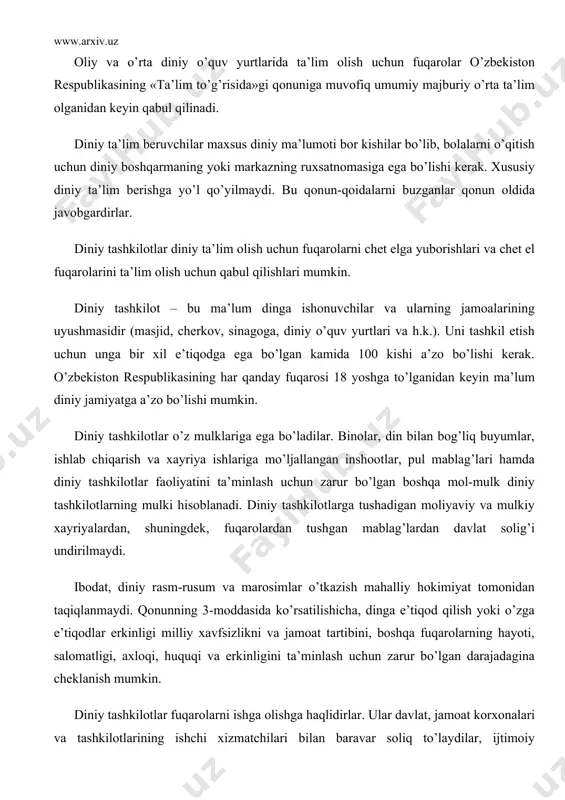 oliq to’laydilar, ijtimoiy ta’minlanish va sug’urta qilish xizmatlaridan foydalanadilar. umumiy asosda pensiya olish huquqiga egalar. qonunning oxirgi 23-moddasida «vijdon erkinligi va diniy tashkilotlar to’g’risida»gi qonunni buzgan kishilar qonun oldida javob berishlari ko’rsatilgan. konstitutsiyada hurfikrlilik, vijdon va diniy e’tiqod erkinligi masalalariga katta e’tibor berilgan. unda dinning tarbiyaviy ahamiyatiga yanada ko’proq e’tibor berilishi lozimligi ko’rsatilgan. o’zbekiston respublikasida ijtimoiy hayot siyosiy institutlar, mafkuralar va fikrlarning xilma-xilligi asosida rivojlanadi. uning hududida 15 ta diniy konfessiya vakillari istiqomat qiladilar. yuqoridagi qonunda keltirilganidek, ular konstitutsiya oldida huquq va majburiyat yuzasidan tengdirlar. konstitutsiyaning 12-moddasida ta’kidlanishicha, hech qanday mafkura davlat mafkurasi sifatida o’rnatilishi mumkin emas. shunga ko’ra hech qanday konfessiya boshqalaridan ustun deb qaralishi yoki ularga o’z ta’sirini o’tkazishga intilishi mumkin emas. dunyoviy davlat bu din davlatdan ajratilgan davlat. binobarin, din dunyoviy davlat ishiga, siyosatiga aralashmaydi. ayni paytda davlat diniy tashkilotlar zimmasiga o’zining hеch qanday vazifasini bajarishni yuklamaydi. ularning davlat qonunlariga zid bo’lmagan faoliyatiga aralashmaydi. dunyoviy davlat – …