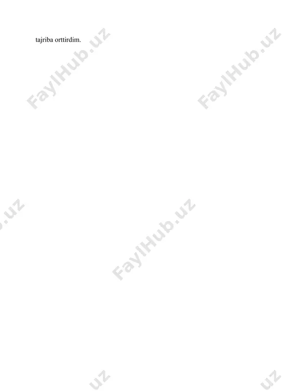 g tashkiliy tuzilmasi, boshqaruv usullari, xizmat ko‘rsatish sifati va mijozlar bilan ishlash jarayonlari bilan yaqindan tanishdim. “payitaxt” mehmonxonasida jami **14 nafar xodim** faoliyat yuritadi: * 1 nafar direktor * 1 nafar ish boshqaruvchi * 1 nafar buxgalter * 4 nafar administrator * 5 nafar xona xizmatchisi * 2 nafar tozalash xodimi mehmonxonaning ma’muriy xizmati barcha bo‘limlar faoliyatini muvofiqlashtiradi, xodimlar bilan ishlash, texnika xavfsizligi, sanitariya, ekologik me’yorlarga rioya qilish, yong‘inga qarshi choralarni ta’minlash va tashqi hamkorlikni yo‘lga qo‘yish bilan shug‘ullanadi. ushbu bo‘lim odatda yuqori malakali menejer yoki bevosita mehmonxona rahbari tomonidan boshqariladi.(1-rasm) 1-rasm. “payitaxt” mehmonxonasining tashkiliy boshqaruv strukturasi. avvalo, qabul qilish xizmati administratori zo‘r “psixolog” ham bo‘lib, mijoz bilan suhbatda uni qanday sharoitlarni istayotganini darrov anglab olishi muhim. qabul qilish xizmati xodimlari mehmonxona haqida barcha ma’lumotlar (nomerlarning yaxshi va ustun taraflari, joylashishi, narxi, boshqa xizmatlar), shaharning diqqatga sazovor joylari, manzili, borish mumkin bo’lgan ko’ngilochar maskanlar, transport, muzey, teatrlarning ishlash rejimini to‘liq …
