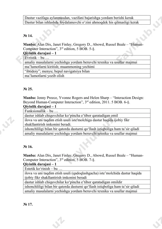 ga ham ta’sir qiladi amaliy masalalarni yechishga yordam beruvchi texnika va usullar majmui № 17. manba: alan dix, janet finlay, gregory d., abowd, russel beale – “human-computer interaction”, 3rd edition, 5 bob. 8-§. qiyinlik darajasi – 1 ish bajarish qobilyati (производительность) – bu … ishonchliligi bilan bir qatorda dasturni qoʻllash istiqboliga ham taʼsir qiladi dastur ishlab chiquvchilar koʻpincha eʼtibor qaratadigan omildir ilova va uni taqdim etish usuli (qadoqlashgacha) iste’molchiga dastur haqida ijobiy fikrni shakllantirish imkonini beradi amaliy masalalarni yechishga yordam beruvchi texnika va usullar majmui № 18. manba: alan dix, janet finlay, gregory d., abowd, russel beale – “human-computer interaction”, 3rd edition, 6 bob. 1-§. qiyinlik darajasi – 1 kartani saralash - axborotni guruhlarga boʻlish uchun foydalaniladigan foydalanuvchi tadqiqotining sodda, ishonchli va arzon usuli dastur ishlab chiquvchilar koʻpincha eʼtibor qaratadigan omildir ilova va uni taqdim etish usuli (qadoqlashgacha) iste’molchiga dastur haqida ijobiy fikrni shakllantirish imkonini beradi ishonchliligi bilan bir qatorda …