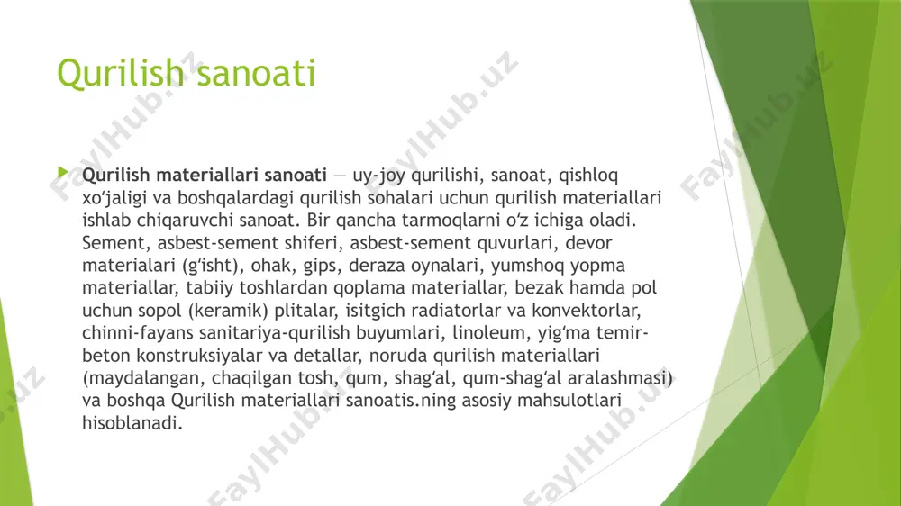 modernizatsiyalash natijasida 2016 yil i-choragida o‘tgan yilning shu davriga nisbatan qurilish materiallari sanoati mahsulotlarini ishlab chiqarish 10,9 foizga ortdi. qurilish materiallari ishlab chiqarish bo’yicha standartlar yangilanadi qurilish materillari sanoati qanday o’zgarmoqda? iqtisodiy tadqiqotlar va islohotlar markazi eksperti shohrux bobojonov 2016-2021 yillarda o‘zbekistonda qurilish materiallari sanoati sohasida erishilgan natijalar bo‘yicha o‘z tahlillarini keltirdi. ta’kidlashicha, 2016 yilda 55,3 mln dollarlik qurilish mahsulotlari eksport qilingan bo‘lib, o‘sish ko‘rsatkichi 4,6 barobarni tashkil qilgan. 2016-2021 yillarda o‘zbekistonda qurilish materiallari ishlab chiqarish hajmi o‘sdi. mamlakatimizda ishlab chiqarilayotgan qurilish materiallariga bo‘lgan talab nafaqat mahalliy balki, jahon bozorlarida ham o‘sib bormoqda. qurilish materiallari sohasida yangi yo‘nalishlar rivojlantirilib, bunga xorijiy investorlar keng jalb qilindi. yetakchi xorijiy davlatlar qurilish sohasining rivojlanish tendensiyasidan kelib chiqib, yangi qurilish materiallarini o‘zlashtirish va sohaga innovatsiyani jalb qilishga alohida e’tibor qaratildi, deydi iqtisodiy tadqiqotlar va islohotlar markazi ilmiy xodimi shohrux bobojonov o‘zining mualliflik maqolasida. shuxrat boboxonov mualliflik maqolasida. ma’lumki keyingi yillarda yurtimizda ulkan bunyodkorlik-qurilish ishlari …