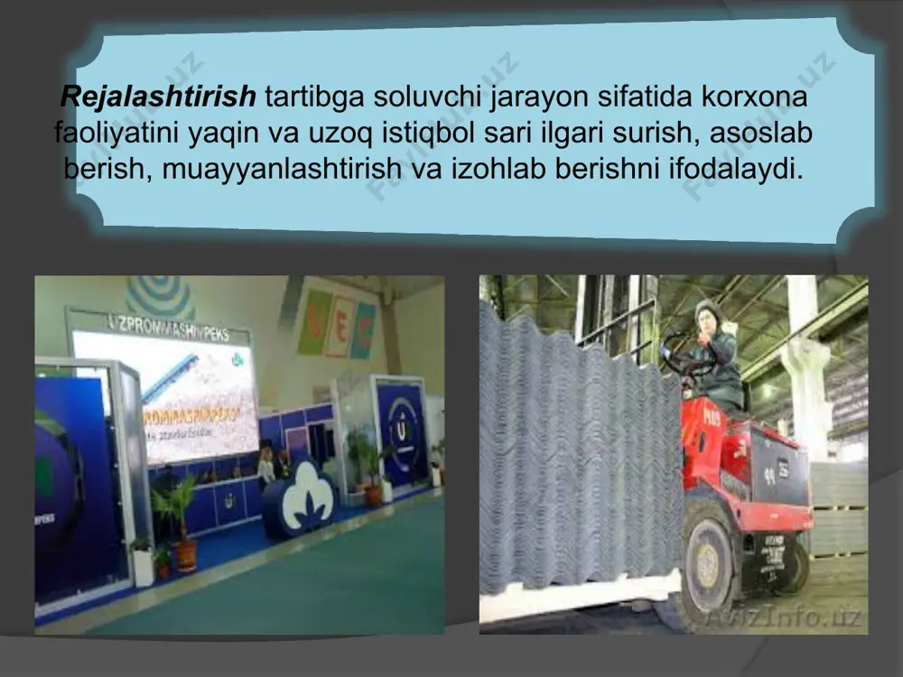 kadrlar va oylik maosh bo`yicha reja, yangi texnika va kapital qo`yilmalar rejasi, moliyaviy reja kabi asosiy qismlari doirasida tayyorlash bilan bog`liq bo`lgan rejadan avvalgi davrni o`z ichiga oladi. rejalashtirish tizimi quyidagi talablarga javob bergan taqdirdagina samarali va ishonchli hisoblanadi: 1. rejalashtirishning har bir elementi va bosqichi qat`iy ravishda asoslab berilishi. 2. rejadagi vazifalarning aniq va o`z vaqtida bajarilishi, ya`ni rejaning adresliligi. 3. reja bajarilishini doimiy va uzluksiz ravishda hisobga olish, nazorat qilish va unga zarur hollarda o`zgartirishlar kiritish. 4. ichki va tashqi muhitdagi o`zgarishlarni ijobiy qabul qilish, shuningdek, korxona faoliyatini ro`y bergan o`zgarishlarga mos ravishda, o`z vaqtida qayta tashkil qilish (rejalashtirishning moslashuvchanligi). 5. fan-texnika taraqqiyoti va xo`jalik yuritishning ilg`or tajribalariga tayanish. buyurtmalar portfeli rejadan oldingi ish (reja loyihasi) korxona rejasi bajaruvchilar resurslar bajarish muddatlari tayyor mahsulot (ish va xizmatlar) mahsulot (ish va xizmatlar) iste`molchilari chizma. korxonada rejalashtirish jarayoni texnologiyasi rejalashtirishning har bir turi o`ziga xos xususiyatlarga ega bo`lib, bu xususiyatlar …
