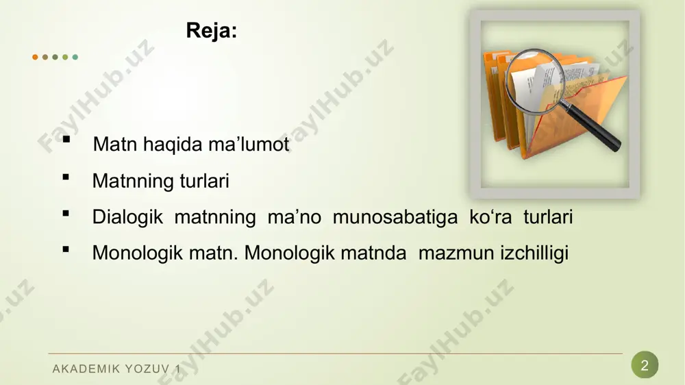 7 ma’lumotnoma matnida bo‘lib o‘tgan voqea-hodisa yoki mavjud holat haqida oddiy axborot beriladi. ijodiy-tavsifiy matn so‘zlovchi yoki yozuvchi tomonidan ijodiy ravishda bayon etilgan voqea-hodisa, narsa yoki shaxsning tasviri yoki xabar, ma’lumot- ning ijodiy-tavsifiy bayonidir. ilmiy, publitistik va badiiy uslublar, shuningdek, insho ham ijodiy-tavsifiy matnning ko‘rinishlaridir. akademik yozuv 1 dialogik matnning ma’no munosabatiga ko‘ra turlari 8 dialog-(yun. dialogos – gaplashish, suhbat) 1) ikki yoki undan ortiq kishining nutqiy muloqot, suhbat; 2) adabiy – badiiy matn komponenti, asardagi personajlarning nutqiy muloqoti berilgan o‘rinlar. akademik yozuv 1 monologik matn 9 monolog ( yunon. monos – yakka, logos – so‘z) - yakka shaxsning ayni paytda javob berilishini talab qilmaydigan, o‘zgalar replikalari bilan bo‘linmagan nutqi. monolog og‘zaki shaklda (turli yig‘inlardagi nutq, ma’ruza, hisobotlar) ham, yozma shaklda (publitsistika, memuarlar va h.) ham keng qo‘llanadi. badiiy adabiyotda monologlardan turli maqsadlarda foydalaniladi. ayniqsa, drama- tik asarlarda monologlarning badiiy–estetik vazifalar doirasi ancha keng. akademik yozuv 1 10 murakkab sintaktik …