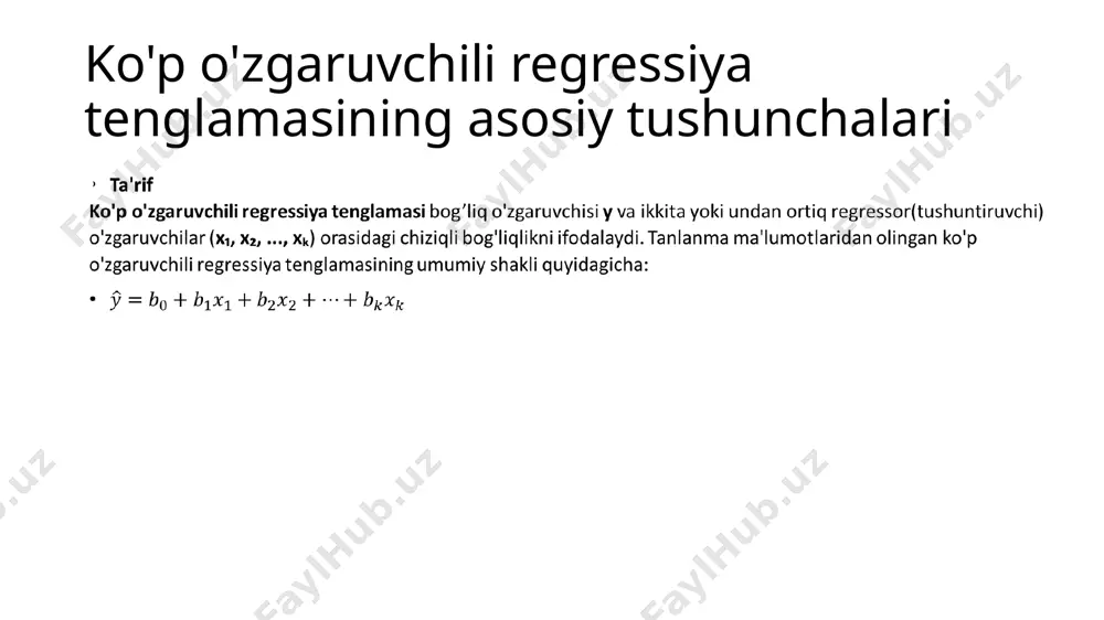 zgaruvchilarni qo'shish bilan olinadi, lekin eng yaxshi ko'p o'zgaruvchili regressiya tenglamasi doimo barcha mavjud o'zgaruvchilardan foydalanishni anglatmaydi. shu kamchilik tufayli, barcha o'zgaruvchilar soni va tanlanma o'lchamlarni hisobga olgan holda moslashtirilgan determinatsiya koeffitsienti, ya'ni moslashtirilgan ni ishlatish afzalroqdir. ta'rif moslashtirilgan determinatsiya koeffitsienti — bu determinatsiya koeffitsienti ning o'zgaruvchilar soni va tanlanma o'lchamlarni hisobga olish uchun moslashtirilgan shakli. bu quyidagi formuladan foydalanib hisoblanadi. formula 10-8: bu yerda: n = tanlanma soni k = bashorat qiluvchi (x) o'zgaruvchilar soni p-qiymat p-qiymati ko'p o'zgaruvchili regressiya tenglamasining umumiy ahamiyatini o'lchaydi. misol#1 dagi p-qiymati yahlitlangan 0 bu ko'p o'zgaruvchili regressiya tenglamasining yaxshi umumiy ahamiyatga ega ekanligini va bashorat qilish uchun ishlatilishi mumkinligini ko'rsatadi. bu erkaklarning vaznini bo'y va bel aylanishi asosida bashorat qilish uchun foydalidir. moslashtirilgan ga o'xshash holda, bu p-qiymati chiziqli tenglamaning tanlanma ma'lumotlarga qanchalik yaxshi mos kelganini o'lchash uchun yaxshi ko'rsatkichdir. p-qiymati β₁ = β₂ = 0 bo'lgan nol gipotezasini tekshirishdan olingan. β₁ va …
