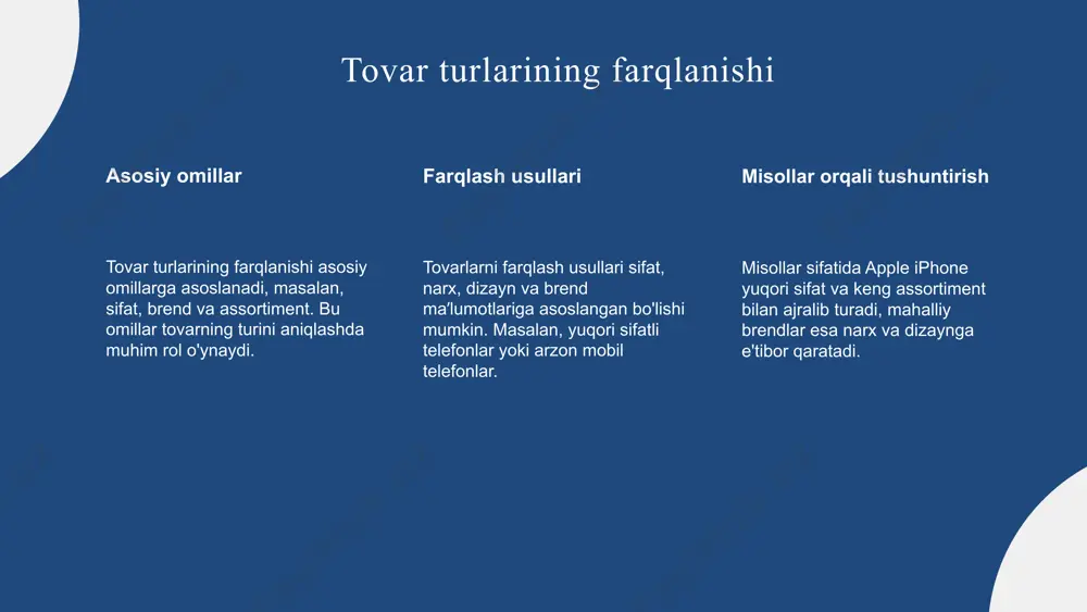 n unsplash tovar turlarining raqobatbardoshligi raqobatli tovar turlarini aniqlash uchun bozor ulushi, narxlar va sifat ko'rsatkichlari muhim. masalan, yuqori sifatli brendlar odatda yuqori narx bilan raqobatlashadi. asosiy raqobatchilar va ularning strategiyalarini tahlil qilish muhim. apple va samsung kabi kompaniyalar narx, reklama va innovatsiyaga e'tibor qaratadilar. raqobatli tovar turlarining afzalliklari: bozorga moslashuvchanlik, mijozlar sodiqligi va yangi bozorlarni egallash. bu ishlab chiqaruvchilar uchun foydali. shu bilan birga, raqobatbardosh tovarlar muvaffaqiyati uchun innovatsiya va sifat muhim rol o'ynaydi. 1 2 3 4 sifat va tovar turlari o'rtasidagi bog'lanish sifat tushunchasi va uning tovar turlariga ta'siri: yuqori sifat texnologik jarayonlar va materiallarga bog'liq, uzoq muddatli foydalanish va iste'molchi qoniqishini ta'minlaydi. sifatni baholash mezonlari: funktsional, estetik va iqtisodiy ko'rsatkichlar, tovar turiga moslik va bozor talablariga javob berish. sifat va brend o'rtasidagi munosabatlar: brend sifati, iste'molchi qabul qilishi va tanlovdagi roli, yuqori sifatli brendlar va narxlar bilan bog'liq. tovar turlarini tanlashda iste'molchilar roli iste'molchilar tanlov omillari: …