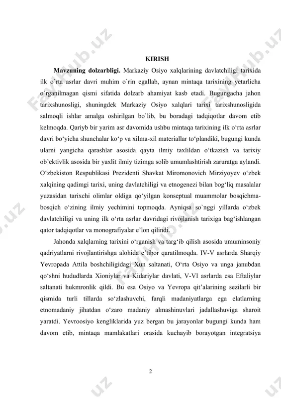 attila boshchiligidagi xun saltanati, o‘rta osiyo va unga janubdan qo‘shni hududlarda xioniylar va kidariylar davlati, v-vi asrlarda esa eftaliylar saltanati hukmronlik qildi. bu esa osiyo va yevropa qit’alarining sezilarli bir qismida turli tillarda so‘zlashuvchi, farqli madaniyatlarga ega elatlarning etnomadaniy jihatdan o‘zaro madaniy almashinuvlari jadallashuviga sharoit yaratdi. yevroosiyo kengliklarida yuz bergan bu jarayonlar bugungi kunda ham davom etib, mintaqa mamlakatlari orasida kuchayib borayotgan integratsiya jarayonlari buning yorqin misolidir. shu bois, mintaqa xalqlari uchun umumiy bo‘lgan tarixiy davrlarni sinchiklab o‘rganish borasidagi amaliy ishlar davom etmoqda. kurs ishining maqsad va vazifalari: ushbu kurs ishimizning maqsadi “ilk o‘rta asrlarda kidariylar davlatlari mavzusini o`quvchilarga tushuntirib berish. yuqoridagi maqsaddan kelib chiqqan holda biz quyidagi vazifalarni belgilab oldik: kidariylar vujudga kelishini yoritib berish kidariylar davlatini tashkil topishidagi shart sharoitlarni tahlil qilish kurs ishining metodologik asosini: kurs ishimizni metodologik asosini ta`lim va fanning ayni sohasiga oid qonun va xujjatlar tashkil etadi. o‘zbekiston respublikasi prezidentining 2020 yil 29 oktyabrdagi …