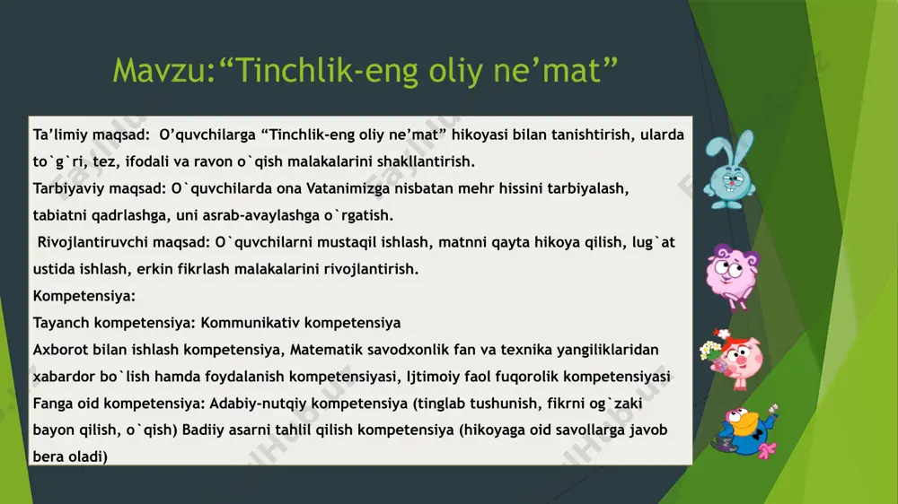 u haqida bilim, ko’nikma va malakalar hosil qilinadi. 20 daqiqa 4-bosqich yangi mavzuni mustahkamlash o’quvchilarni egallagan bilim, ko’nikma va malakalari savol –javob bilan aniqlanadi.o’quvchilar rag’batlantiriladi (o`quvchilarning har bir to`g`ri javoblarida rag`bat kartochkalari beriladi) 10 daqiqa 5-bosqich darsni yakunlash, o’quvchilarni baholash. baholarni e’lon qilish, va kundalik daftarga qo`yish 4 daqiqa 6-bosqich uyga vazifa uyga vazifani tushuntirish, o’quvchilar bilan xayrlashish. 1 daqiqa darsning borishi i. tashkiliy qism: o’qituvchi: salom aziz bolalar ! chiroyli gul lolalar esonmisiz ,omonmisiz bugun darsga tayyormisiz o`quvchilar : ha, ustozjon omonmiz bugun darsga tayyormiz dars shiori: o`qib-uqib biz doim, komil inson bo`lamiz kelajakda albatta, yuksaklarga chiqamiz! o`qituvchi shiori :hozirgi zamon talablariga mos dars turlarini yaratish. maqsadimiz- bilim cho`qqilarini egallab, iqtidor va este`dodimizni namoyon etib har sohada ilg`or fan tajribalarini puxta egallab, vatanimizga xizmat qiladigan insonlar bo`lib yetishishish. 1) bugun kim navbatchi “who is on duty today” 2) haftaning qaysi kuni “what day is it today” 3) bugungi sana …