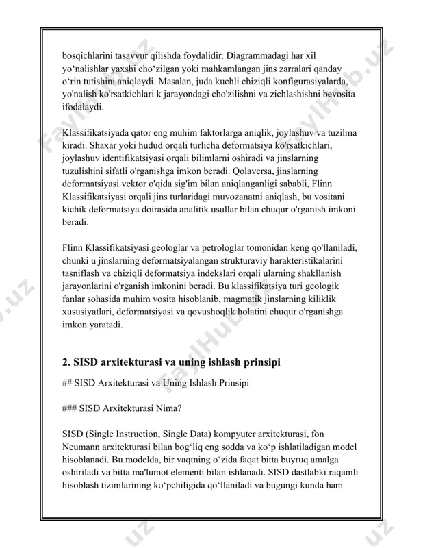 o‘sishni imkoni yo‘q:** bu arxitekturaning oddiyligi sababli, katta miqdordagi ma'lumotlar va murakkab dasturlarni qayta ishlash hamda ko‘p tomonlama jarayonlar asosan qiyin kechadi. - **masofani ko‘paytiruvchi bo‘lmasligi:** mikroarxitektura qat'ib qolganligi sababli, maxsus ma'lumotlar ko‘rsatmalarini amalga oshirish ehtimolsizdir, bu esa yanada murakkab hisoblash jarayonlari uchun noqulay bo'lishi mumkin. ### xulosa sisd arxitekturasi axborot texnologiyalari sohasida ehtiyojlariga mos keluvchi oddiy modellar uchun juda mos keladi. boshqa ko‘p buyruqli va ma'lumotli arxitekturalarni ishlab chiqishning boshlang‘ich bosqichlari sifatida sisd tizimlari ideal hisoblanadi. bu turdagi tizimlar ko‘proq ishlatiladigan yoki sanoatda maxsus vazifalar uchun optimallashtirilgan protsessorlarni yaratishning asosiy poydevorlari hisoblanadi. biroq, yuqori sezuklik yoki ko‘p oqimli hisoblash uchun sisd odatda mos kelmaydi, bu esa zamonaviy hisoblash tizimlarida mimd (multiple instruction, multiple data) kabi murakkab parallel arxitekturalarga ehtiyojni oshiradi. 3. sisd tizimlarining afzalliklari va kamchiliklari sisd tizimlari (yaklit ko'rsatma yagona ma'lumotlar oqimi) kompyuter arxitekturasi sohasida juda muhim o'rin tutadi. ushbu turdagi tizimlar yagona ko'rsatmalar oqimi va yagona ma'lumotlar …