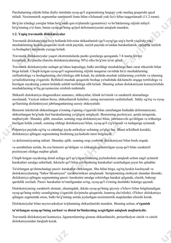 yuqori ekstremitalarda pastki qismlarga qaraganda 7-8 marta tez-tez kuzatiladi. ko'pincha (barcha dislokatsiyalarning 50%) elka bo'g'imi ta'sir qiladi. travmatik dislokatsiyalar nafaqat qo'shma kapsulaga, balki atrofdagi mushaklarga ham zarar etkazishi bilan birga keladi. chiqib ketgan oyoq-qo'l segmentining siljishi muqarrar ravishda ba'zi mushaklarning zaiflashishiga va boshqalarning cho'zilishiga olib keladi, bu alohida mushak tolalarining yorilishi va ularning yo'nalishlarining o'zgarishi. refleksli mushak qisqarishi boshqa yo'nalishda ikkilamchi orqaga tortilishiga va buzilgan suyakning yomon holatda ushlab turilishiga olib keladi. shuning uchun dislokatsiyani kamaytirishda mushaklarning to'liq gevşemesine erishish muhimdir. shikastli dislokatsiya diagnostikasi anamnez, shikoyatlar, klinik ko'rinish va xarakterli alomatlarga asoslanadi. vaziyat imkon bersa, shikastlanish holatlari, uning mexanizmi oydinlashadi. jiddiy og'riq va oyoq-qo'llarining disfunktsiyasi jabrlanganlarning asosiy shikoyatidir. bemorni tekshirish shikastlangan a'zoning o'qining o'zgarishi bilan zararlangan hududda deformatsiyani, shikastlangan bo'g'inda faol harakatlarning yo'qligini aniqlaydi. bemorning pozitsiyasi, qoida tariqasida, majburiydir. shunday qilib, masalan, sonning orqa dislokatsiyasi bilan, jabrlanuvchi qo'shilgan va ichkariga burilgan holda yotadi, sonning oldingi dislokatsiyasi bilan, oyoq-qo'l o'g'irlanadi va …