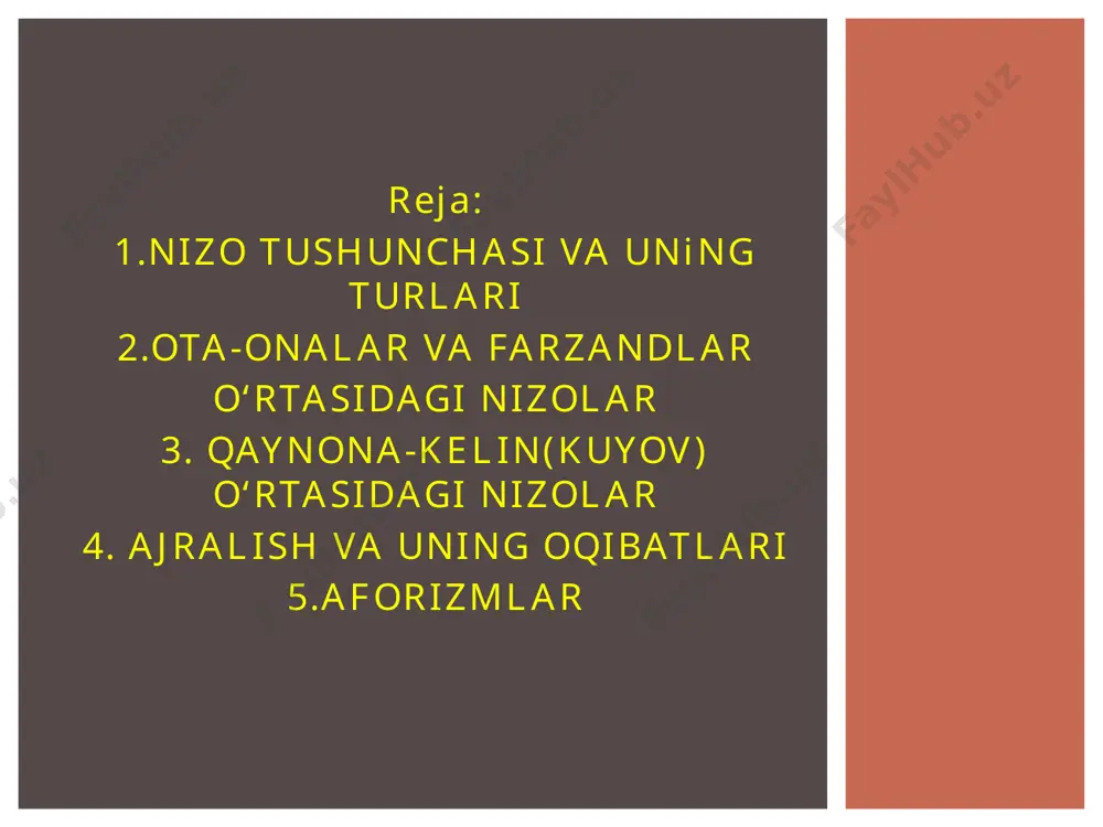 omusni yig‘ishtirib qo‘yib, buzuqchilik qilishi. 4. ba’zi bolalarni mehnat qilishga o‘rgatilmaganligi va buning oqibatida yengil-yelpi hayot kechirishga o‘rganib qolishi. 5. ayrim yoshlarning farzandlik burchini unutib qo‘yishi va hokazo. 6. ota-onalarning psixologik-pedagogik bilim saviyalari yetarli darajada emasligi natijasida yuzaga keladigan kelishmovchiliklar. ota-onalar va farzandlar o‘rtasidagi nizolar ba’zi ota-onalar bolalarda 3, 6, 13—14 yoshlarda muqarrar ravishda bo‘lib o‘tadigan krizislarni bilmaydilar. bu yosh bosqichlarida bola ruhiyatida yangi psixologik qo‘shilmalar oilaga yangi tushgan kelinlarning ko‘pchiligi yuzaga keladigan ba’zi qiyinchiliklarni osonlik bilan yengib, kelinlik vazifalarini ko‘ngildagiday eplab ketadilar, qaynonalariniro‘zg‘or tashvishlaridan xalos qiladilar, tezda ularning mehriga sazovor bo‘ladilar. biroq hayotda qaynona-kelin orasida turli to‘qnashuvlar ham sodir bo‘lib turadi. gap qaynona-kelin o‘rtasida borar ekan, shuni aytib o‘tishimiz lozimki, bu masala azalazaldan odamlarning, insoniyatning atoqli namoyandalarining diqqat e’tiborida bo‘lib kelgan muammolardan biridir. bunday kelishmovchiliklarni keltirib chiqaruvchi sabablardan ayrimlarini ko‘rib chiqamiz. ba’zi qizlarda nikohgacha oilaviy qaynona-kelin munosabatlariga nisbatan salbiy tasavvur shakllangan bo‘ladi. 2. qaynona-kelinning dunyoqarashlari va uy-ro‘zg‘or tutishlari orasida …