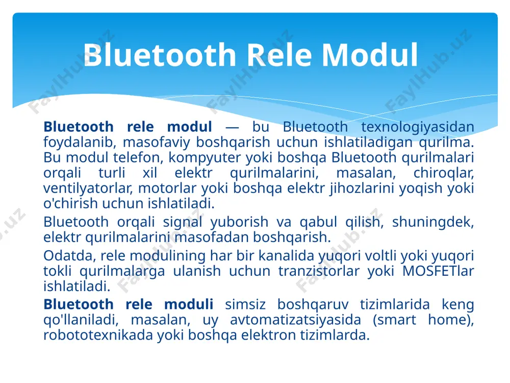 miltillashi ikki soniyagacha sekinlashadi. ushbu modul 3.3v da ishlaydi. modul bortida 5 dan 3,3 v gacha bo'lgan regulyatorga ega bo'lgani uchun biz 5v kuchlanish kuchlanishini ham ulashimiz mumkin. hc-05 bluetooth moduli rx/tx uchun 3,3v darajasiga ega va mikrokontroller 3,3 v darajasini aniqlay oladi, shuning uchun hc-05 modulining uzatish darajasini o'zgartirish kerak emas. ammo biz uzatish kuchlanish darajasini mikrokontrollerdan hc-05 modulining rx ga o'tkazishimiz kerak. hc-05 modulining ma'lumotlarni uzatish tezligi 1 mbit / s gacha o'zgarishi mumkin, 10 metr oralig'ida. bluetooth rele moduli —samarali usulda elektr qurilmalarini masofadan boshqarish uchun foydalaniladigan tizimdir. u uy avtomatizatsiyasi, robototexnika va boshqa ko'plab ilovalarda foydalanishga yaroqlidir. bluetooth yordamida rele qurilmasini boshqarish mavzusiga oid xulosa quyidagicha bo‘lishi mumkin:bluetooth texnologiyasidan foydalangan holda rele qurilmasini boshqarish zamonaviy va samarali usul hisoblanadi. ushbu usul quyidagi afzalliklarni taqdim etadi:masofadan boshqarish: bluetooth signali yordamida qurilmani yaqin masofadan boshqarish imkoniyati yaratiladi, bu esa qulaylik va vaqtni tejash imkonini beradi. xulosa qilib aytganda, …