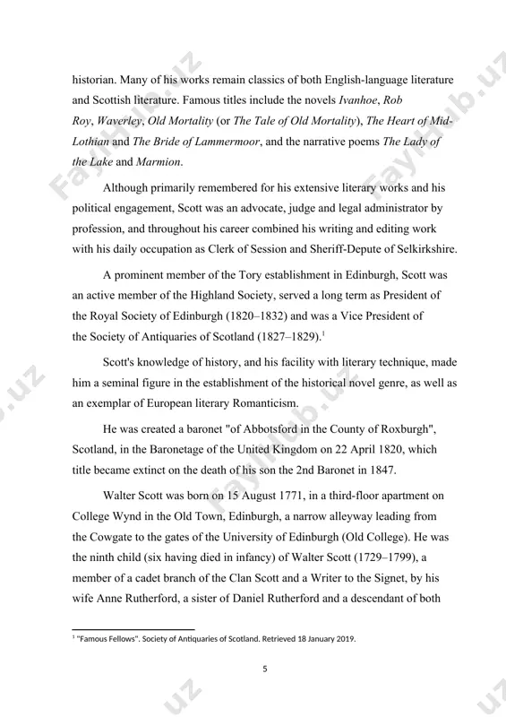 ermaster and secretary. the daily drill practices that year, starting at 5 am, provide an indication of the determination with which this role was undertaken. 1.2. start of literary career, marriage and family scott was prompted to embark on his literary career by the enthusiasm in edinburgh during the 1790s for modern german literature. recalling that period in 1827 scott said that he 'was german-mad'.[footnoteref:5]in 1796 he produced english versions of two poems by gottfried august bürger, der wilde jäger and lenore, publishing them as the chase, and william and helen. scott responded to the contemporaneous german interest in national identity, folk culture, and medieval literature. this linked up with his own developing passion for traditional ballads. one of his favourite books since childhood had been thomas percy's reliques of ancient english poetry, and during the 1790s he engaged in research in manuscript collections and on border 'raids' to collect …