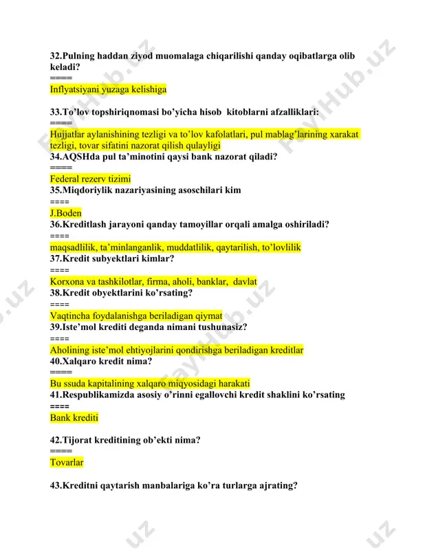 ulsiz hisob – kitoblarning eng ko’p qo’llaniladigan shakli bu: ==== to’lov topshiriqnomalar 59.bimetalizm tizimining asosiy xususiyati to’g’ri keltirilgan qatorni aniqlang? ==== bu pul tizimida davlat qonuniy jihatdan to’lov vositasi ikkita metallni (odatda oltin va kumush) chegaralanmagan miqdorda erkin zarb qilishga ruxsat beradi 60.pul tizimi deganda nima tushuniladi? ==== mamlakatda tarixan tarkib topgan va milliy qonunchilik bilan tasdiqlangan pul muomalasinin tashkil qilish shaklidir 61.haqiqiy pullar to’g’ri keltirilgan qatorni aniqlang? ==== oltin va kumush tangalar 62.monometalizm tizimining asosiy xususiyati to’g’ri keltirilgan qatorni aniqlang? ==== bitta qimmatbaho metall (oltin yoki kumush, asosan oltin) umumiy ekvivalent vazifasini bajardi 63.oltin tanga standartining asosiy xususiyatlari to’g’ri keltirilgan qatorni aniqlang? ==== tovarlarning bahosi oltinda ifodalanadi, mamlakat bozorlarida oltin to’lov vositasini bajaradi va erkin ravishda zarb etiladi ==== muomalada oltin tangalarning to’lov vositasi sifatida harakati va erkin zarb qilinishi amal qilmaydi 64.oltin quyma standartining asosiy xususiyatlari to’g’ri keltirilgan qatorni aniqlang? ==== muomalada oltin tangalarning to’lov vositasi sifatida harakati …