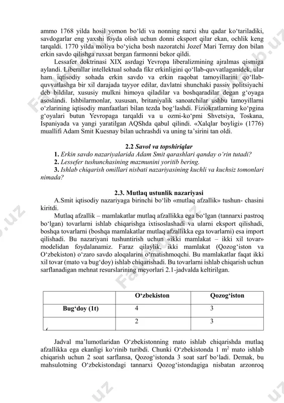 at unumdorligining о‘sishini ta’minlaydi; ■ eksport mamlakat iqtisodiyoti uchun ijobiy omil hisoblanadi, chunki u ichki bozorda sotilmagan ortiqcha mahsulotlarni xorijga sotish imkonini beradi; ■ eksport subsidiyalari ichki soliqlar hisobidan moliyalashtiriladi va ichki narxlarning oshishiga olib keladi. shuning uchun ularni bekor qilishi kerak. lessafer atamasi taxminan 1681 yil fransiyaning kuchli moliya bosh boshqaruvchisi jan-batist kolbert va m. le jendre boshchiligidagi fransuz ishbilarmonlari guruhi о‘rtasida bо‘lib о‘tgan uchrashuvda paydo bо‘lgan. gournay fransiyadagi savdoga qо‘yilgan cheklovlarni olib tashlash va sanoatni tartibga solishni qizg‘in qо‘llab-quvvatladi. kolbert le-gendre nazariyasidan mamnun, u buni о‘zi uchun kattaroq maksimal darajaga solib qо‘ydi: «lessafer et laissez passer» («qо‘y va о‘tkazib yuborsin»). uning shiori ham uzunroq «lessafer et laissez passer, le monde va de lui meme!» («qilaylik va о‘taylik, dunyo о‘z-о‘zidan davom etmoqda!»). garchi gournay о‘zining iqtisodiy siyosat g‘oyalari tо‘g‘risida hech qanday yozma risolalar qoldirmagan bо‘lsa-da, u о‘zining zamondoshlariga, xususan, ham fiziokratlarga, ham lessafer shiori va ham doktrinasini gournayga ishongan …