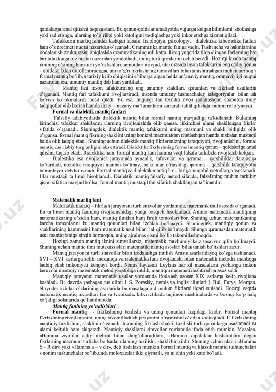 qilish, ijtimoiy munosabatlarga kirishish kabi xislatlarni ajratib olib, «inson» tushunchasini hosil qilish mumkin. umumiy belgilarni aniqlash predmetlar o’rtasidagi munosabatlarni, bog’lanish usullarini o’rnatishni taqozo etadi. turli xil predmetlar fikrlash jarayonida o’xshash va muhim belgilariga ko’ra sinflarga birlashtiriladi va shu tariqa ularning mohiyatini tushunish, ularni xarakterlaydigan qonuniyatlarni bilish imkoniyati tug’iladi. masalan, yuqorida keltirilgan «inson» tushunchasida barcha kishilar bitta mantiqiy sinfga birlashtirilib, ular o’rtasidagi muhim bog’lanishlar (masalan, ijtimoiy munosabatlar) bilib olinadi. 2. tafakkur borliqni nafaqat bevosita, balki bilvosita tarzda ham aks ettira oladi. unda yangi bilimlar tajribaga har safar bevosita murojaat etmasdan, mavjud bilimlarga tayangan holda hosil qilishi mumkin. fikrlash bunda predmet va hodisalar o’rtasidagi aloqadorlikka asoslanadi. masalan, bolaning xulq-atvoriga qarab uning qanday muhitda tarbiya olganligi haqida fikr yuritish mumkin. tafakkurning mazkur xususiyati, ayniqsa, xulosaviy fikr hosil qilishda aniq namoyon bo’ladi. 3. tafakkur insonning ijodiy faoliyatidan iborat. unda bilish jarayoni borliqda real analogiga ega bo’lmagan narsalar – yuqori darajada ideallashgan obyektlar (masalan, absolyut …