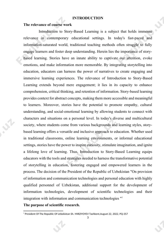 pathy, cultural understanding, and social-emotional learning by allowing students to connect with characters and situations on a personal level. in today's diverse and multicultural society, where students come from various backgrounds and learning styles, story-based learning offers a versatile and inclusive approach to education. whether used in traditional classrooms, online learning environments, or informal educational settings, stories have the power to inspire curiosity, stimulate imagination, and ignite a lifelong love of learning. thus, introduction to story-based learning equips educators with the tools and strategies needed to harness the transformative potential of storytelling in education, fostering engaged and empowered learners in the process. the decision of the president of the republic of uzbekistan "on provision of information and communication technologies and personal education with highly qualified personnel of uzbekistan, additional support for the development of information technologies, development of scientific technologies and their integration with information and communication technologies "[footnoteref:1] [1: …