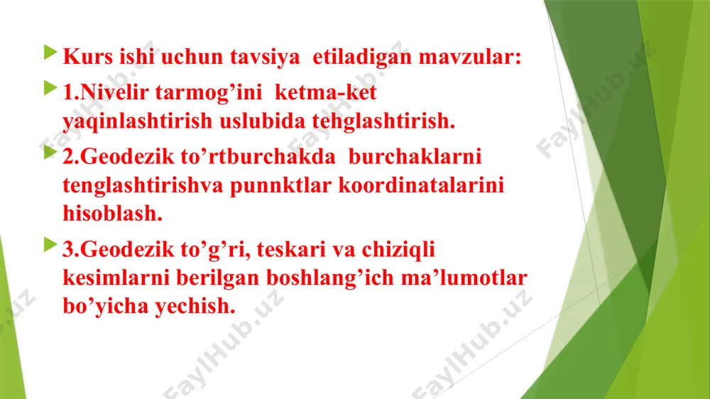i nivelirlashda nivelir yo‘ldan chetroqqa o ‘rnatiladi. har bir shtativgacha bo‘lgan masofa 60 m dan oshib ketmasligi kerak. bitta stansiyadan 6 ta shtativdan ko‘p nivelirlanmaydi. shtativlarni nivelirlash yo'li nivelir to‘riga bog‘lanishi ham kerak. bu tomonni ellipsoid yuzasiga keltirish uchun zarur. eʼtiboringiz uchun rahmat!!! image1.png image2.jpeg image3.jpeg image4.png image5.png image6.png image7.png image8.png image9.png image10.png image11.png image12.png image13.png image14.png image510.png image15.png image16.png image17.png image18.png image19.png image20.png image21.png image22.png image23.png image24.png image25.png image26.png image27.png image28.png image29.png image30.png image31.png image32.png image33.png image34.jpeg image35.png image36.png image37.png image38.png image39.png image40.png image41.png image42.png image43.png image44.png image45.png image46.png image47.png image48.png image49.png image50.png image51.png image52.png image53.png image54.png image55.png image56.png image57.png image58.png image59.png /docprops/thumbnail.jpeg