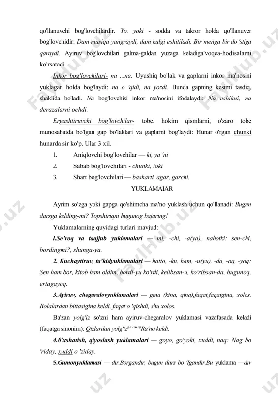 ovlari-kishining turli emotsionai holatlarini, his-hayajonni (rohatlanish, hayratlanish, g'azab, nafrat, og'riq, erkalash) ifodalaydi: oh, voy e, eh, uf, dod, obbo, o'-o', ie, o'h-ho', voy-voy. buyruq-xitob undovlari — hayvon, jonivoriarni haydash, chaqirish, to'xtatish uchun qo'llanadigan yoki kishilarning diqqatini tortish uchun qo'llanadigan so'zlardir: hoy, ey, alio, chuh, beh, qurey-qurey, tu-tu. bulardan tashqari, rahmat, qulluq, varakalla, hormang, yashang his-hayajon undovlari hisoblanadi. taalidso'zlar - narsalarning tovushi yoki ko'rinish holatiga, taqlidni 'fodalovchi so'zlardir: taq-taq, gurs-gurs, qars-qurs, dik-dik, duk-duk. taqlid so'zlari 2 xil: -tovushga taqlid so'zlar; -holatga taqlid so'zlar. tovushga taqlid so'zlar — eshitish orqali taqlidni bildiruvchi so'zlardir: taq, gurs, duk, dik, pish-pish, chap-chup, gars-gurs, shivir-shivir, pichir, hur-hur. shu bilan birgalikda hayvonlarning ovoziga taqlid so'zlar ham uchraydi: mo', be, va, vov-vov, chug'ur-chug'ur, g'aq-g'aq. holatga taqlid so'zlar — narsalarning harakatiga ko'rib taqlid qilish orqali hosil bo'ladi. lip, milt-milt, yarq, jimir-jimir, g'ij-g'ij, yal-yal. modal so'zlar — ifodalanayotgan fikrga so'zlovchining turli munosabatlarini (ishonch, gumon, achinish)ni bildiruvchi so'zlardir. modal so'zlar gapda …