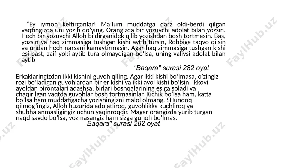 n, aqli hushi joyida bo’lishi kerak. qarzga beriladigan mol-mulk muqobillik qobiliyatiga ega bo’lmog’i. qarzga beriladigan mol ma’lum og’irlik, uzunlik, miqdor kabi o’lchovlarga ega bo’lishi shart qarz munosabatlari to’g’ri bo’lish shartlari qarzga beriladigan mol-mulk shartlari qarz munosabatlarida muddat va joy masalasi to’rtta xolatda, xanafiy mazxabi olimlarining fikricha, qarz muddatini oldinga yoki orqaga surish mumkin vasiyatda, ya’ni bir kishi boshqa bir kishiga bir yilgacha ma’lum mablag’ qarz berganini vorislariga vasiyat qilgan bo’lsa, inkorda, qarz olganlik inkor etilgan xolatda qarz bergan tomon muddatdan oldin qarzni talab qilishga xaqli qarz xukmiga ko’ra, ya’ni qozi qarzni to’lashni xukm qilganda muddatdan oldin (yoki keyin) qarz qaytarilishi lozim mablag’ni boshqa kishiga bermoqchi bo’lganda, ya’ni qarz beruvchi tomon qarzdor tomondagi mablag’ni boshqa kishiga ko’chirmoqchi bo’lganda, qarz beruvchi tomon qarz muddatini oldin (yoki keyin)ga surishga xaqli ulamolar alloh taolo qabul qiladigan yaxshi qarzning shartlarini ham zikr qilganlar : 1.sadaqa qiluvchining niyati sof boʼlsin. 2. sadaqa chin koʼngildan, riyosiz, allohning …
