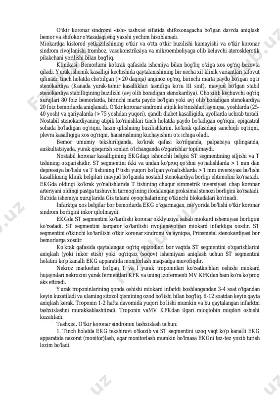 hi yurak og‘riqlari to‘sh ortida kelib chiqadi. jismoniy harakat va yurganda kuchayadi. 20 % bemorlarda kuzatiladi. bunga sabab asosan stress natijasida kelib chiqqan giperventilyatsiya, miokard metobolizmi buzilishidir. asab tizimi kasalliklari bilan bog‘liq og‘riqlar og‘riq sindromi turli xildagi nevrologik kasalliklar natijasida ham kelib chiqadi. birinchi navbatda umurtqa pog‘onasi kasalliklari, ko‘krak qafasi old devori va yelka mushaklari zararlanishlari (osteoxondroz, mushak-fassiya sindromlari)da og‘riq bo‘ladi. bundan tashqari psixovegetativ sindromlarda ham og‘riq paydo bo‘ladi. umurtqa pog‘onasi va turli xil mushaklarda kuzatiladigan kasalliklar natijasida kelib chiqadigan og‘riq xarakteristikasi: mushak-fassiya yoki umurtqa-qovurg‘a sindromlaridagi og‘riqlar (no visseral):  doimiy lokalizatsiyalangan og‘riqlar;  tana holatiga va shu mushaklarni harakatlantirganda kuzatiladigan kuchli og‘riqlar;  palpatsiyada aniq diagnoz qo‘yish imkoni bo‘ladi: mahalliy zararlanishlarda palpatsiya qilinganda o‘sha joyning o‘zida og‘riq bo‘lishi;  og‘riqlarning mahalliy muolajalar qilinganda kamayishi (xantal qog‘oz, massaj, elektrofizoterapiya, novakain bilan blokada qilinganda). radikulyar og‘riq sindromi (qovurg‘alararo nevralgiya):  kasallikning o‘tkir tez boshlanishi;  og‘riqning aniq joyda ekanligi, chunki shu …