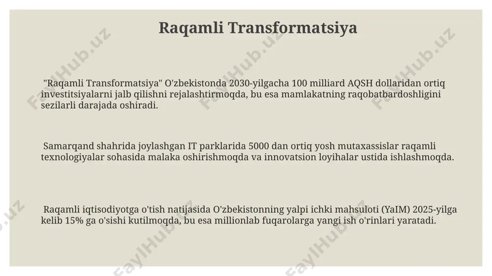 lda jahon bo'ylab 3 trillion dollarlik bozor hajmini egallagan global miqyosdagi innovatsiyalarni ifodalaydi. bulut texnologiyalari amazon web services (aws) kabi global bulut platformalari o‘zbekiston bozorida 2024 yilga borib, taxminan 1000 dan ortiq mijozga xizmat ko‘rsatishni rejalashtirmoqda. bulut texnologiyalari yordamida 2023-yilda o‘zbekistondagi 500 dan ortiq kompaniyalar ma’lumotlarini saqlash va boshqarish xarajatlarini 30% ga kamaytirdi. bulut texnologiyalaridan foydalanish natijasida toshkent shahridagi kichik va o‘rta biznes sub’ektlarining ish samaradorligi 20% ga oshdi, bu esa 15 dan ortiq yangi ish o‘rinlarining yaratilishiga olib keldi. mobil texnologiyalar mobil internet tezligi samarqand viloyatida o'rtacha 25 mbps ni tashkil etib, mamlakatning boshqa hududlariga nisbatan ancha yuqori ko'rsatkichga ega. 2023-yil holatiga ko'ra, o'zbekistonda 30 milliondan ortiq mobil telefon foydalanuvchilari mavjud bo'lib, bu mamlakat aholisining katta qismini tashkil etadi. smartfonlar orqali amalga oshirilayotgan mobil to'lovlar soni 2022 yildan 2023 yilga qadar toshkent shahrida 50% ga oshdi. katta ma'lumotlar va analitika samarqanddagi universitetlarda o'qitilgan 500 dan ortiq talaba katta ma'lumotlar …
