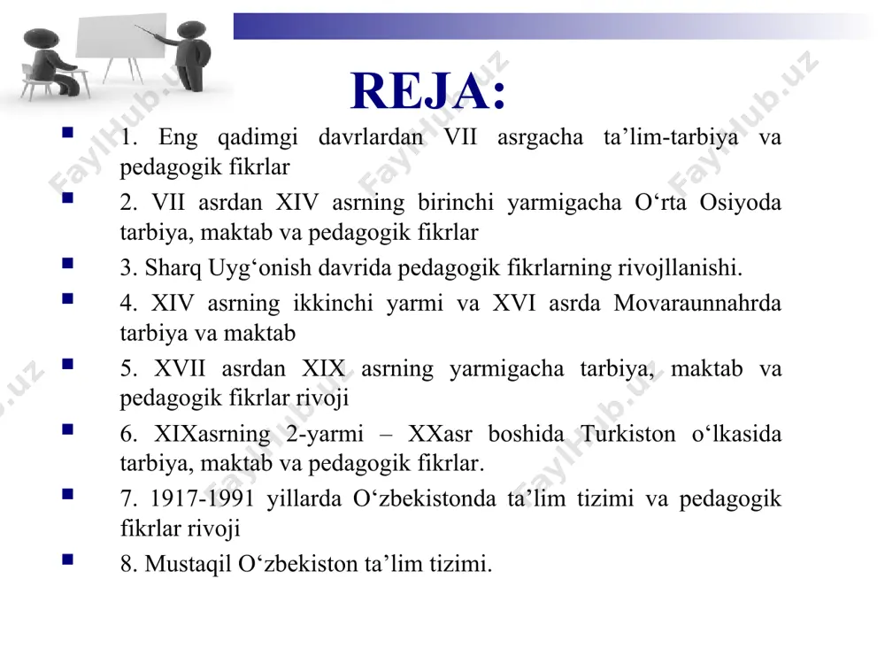 h; - o`quv tarbiya yo`li jarayonida buyuk mutafakkir olimlarning asarlaridagi pedagogik g`oyalarini o`rganish. pedagogika tarixi fani tarixiy taraqqiyot jarayonida xalqimiz yaratgan xalq pedagogik ijodini o`rganish va unga amal qilish bilan rivojlanadi. pedagogika tarixi quyidagi davrlarga bo`lib o`rganiladi: 1.qadimgi sharq va g`arb xalqlari pedagogika tarixi. bu davrda tarbiya muammosi, uning kelib chiqishi, tarixiy tarakqiyoti. o`rta osiyodagi ibtidoiy quldorlik davrlarida tarbiya mifologiyaning yaratilishi. 2.movarounnahr xalqlari pedagogika tarixi. viii-xii asrlarda yaratilgan xalq pedagogikasi keng yoritiladi, hamda islom din i va xadislarda ta‘lim-tarbiya o`rganiladi. 3.sharq uyg`onish davridagi ta‘lim-tarbiya to`g`risidagi fikrlar haqida. sharq uyg`onish davrining o`ziga xos hususiyatlari ijtimoiy-iqtisodiy hayotdagi o`zgarishlar, ilm-fan, madaniyatning gurkirab rivojlanishi arab forsiy va turkiy tillarda ijod etgan adiblar ijodida ta‘lim-g`arbiya, ma‘rifatparvarlik g`oyalari. 4.temuriylar davrida madaniyat, ta‘lim-tarbiya masalalari. movarounnahrda ijtimoiy, iqtisodiy va madaniy taraqqiyotning tarixiy rivojlanishi. shu bilan birga zahiriddin muhammad bobur, mirzo ulug`beq alisher navoiyning pedagogik g`oyalari bayon etiladi. 5.turkitsonda maktab va pedagogik g`oyalar. rossiya tomonidan turkistonning bosib olinishi. turkiston …