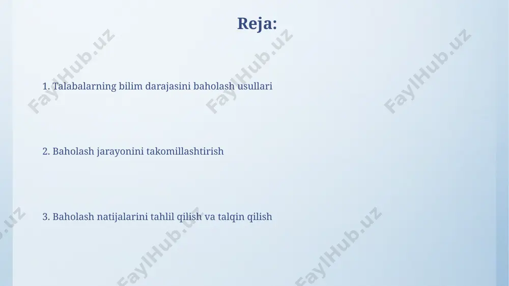 samarali bo‘lishi mumkin. an'anaviy va zamonaviy baholash usullari an'anaviy baholash, masalan, og'zaki so'rovlar yoki 100 balldan iborat yozma imtihonlar, o'zbekiston maktablari o'quvchilarining bilim darajasini aniqlashda 20-asrning oxirigacha keng qo'llanilgan. zamonaviy baholashda portfel texnologiyasi, loyiha ishlari va kompetensiyaga asoslangan baholash kabi 5 dan ortiq turli usullar 21-asr boshlaridan buyon dunyoning rivojlangan mamlakatlari, jumladan, aqsh va kanada maktablarda qo'llanilmoqda. og'zaki va yozma baholashning afzalliklari va kamchiliklari og'zaki baholash, 20-30 talik kichik guruhlarda o'tkazilganda, talabalar fikrlash jarayonini kuzatish va darhol fikr-mulohazalar berish imkonini beradi, biroq ob'ektivlikni ta'minlash qiyin va vaqt talab etadi. og'zaki va yozma baholash usullarini 70/30 nisbatida birlashtirish, masalan, 70% yozma va 30% og'zaki baholash orqali, toshkentdagi maktabda talabalarning bilimlarini aniqroq baholash imkonini beradi, lekin qo'shimcha resurslar va vaqt talab qiladi. testlar va ularning turlari xorij adabiyoti fanidan 10-sinf o'quvchilari uchun testlarning 40%ini ochiq savollar (mulohaza va tahlilni talab qiluvchi), 60%ini esa yopiq savollar (variantlar tanlash) tashkil etadi, bu samarqanddagi ba'zi …