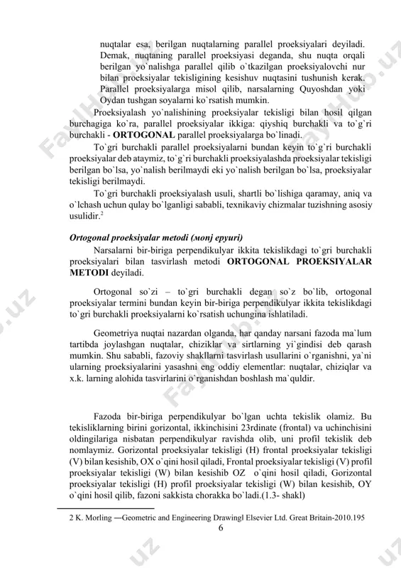 yuqoridan pastga qaraganda soat strelkasining yurishiga teskari tomonga 90 aylantirib, ularni v tekislik bilan jiplashtirsak, sakkiz oktantaning epyuri kelib chiqadi. shakldagi fazoviy chizmada birinchi okiantda olingan – а nuqta va uning ortogonal proeksiyalari tasvirlangan. a nuqtadan н, v, w tekisliklarga birin-ketin perpendikulyar (proeksiyalovchi nurlar) o`tkazib, nuqtaning а, а‟, а” proeksiyalarini va o`qlaridagi аx аy az proeksiyalarini topamiz. bu erda ham a nuqta a nuqtaning gorizontal proeksiyasi, a‟ nuqta a nuqtaning frontal proeksiyasi, а” nuqta esa a nuqtaning profil proeksiyasi bo`ladi. nuqtani uchta tekislikka proeksiyalashda hosil bo`lgan parallelepiped (aа а, а‟, а” аy o) kordinatalari parallelepipedi deyiladi. shaklda fazoning birinchi oktantida turgan a nuqtaning epyuri tasvirlangan. birinchi oktantda ko`rsatilgan yo`nalishlar bo` yicha ochilsa, h va w tekisliklar oy o`qi bo`yicha ajraladi, shuning uchun, go`yo uzunasiga tilingan oy o`q epyurda ko`rsatilgan ikkita yo`nalish – y-y1 bo`yicha qo`yiladi; shu bilan birga har qanday nuqta uchun epyurda оа =oay bo`ladi. yuqoridagilarni tahlil qilib, epyurning …