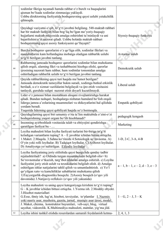 m tabiiy ofatdan zarar koʼrganda. 1, 3, 5 31 o‘qituvchilarning tarifrikatsiya ro‘yxatini shakllantirish maqsadida umumiy o‘rta ta’lim tashkiloti tomonidan tegishli ma’lumotlar har yili nechanchi sanaga qadar byudjet tashkilotlarining raqamlashtirish va muvofiqlashtirish elektron tizimi (uzasbo)ga kiritilishi lozim? 20-sentabrga qadar 32 umumiy o‘rta ta’lim maktabida kelgusi yil uchun pullik xizmatlar ko‘rsatish bo‘yicha yillik rejani kim tasdiqlaydi? kuzatuv kengashi 33 jamoat kengashining vazifalaridan biri qaysi qatorda to‘g‘ri ko‘rsatilgan. maktabdagi ta’lim-tarbiya sifatini o‘rganish 34 ta’lim jarayonining qatnashchilari kimlar hisoblanadi? 1.ta’lim oluvchilar (o‘quvchilar/talabalar). 2.psixologlar va ta’lim beruvchilar. 3.ota-onalar va vasiylar.4.maktab ma’muriyati. 5.texnik xodimlar. 1, 2, 4 35 quyidagilarni moslashtiring. i.boshqarishning iqtisodiy funksiyalari . ii.boshqarishning sotsial funksiyalari. 1.foyda olishni ta’minlash. 2.mehnat sharoitini yaxshilash. 3.mahsulot ishlab chiqarish va xizmatlar ko’rsatish. 4.marketing xizmatini uyushtirish. 5.moddiy rag’batlantirishni ta’minlash. 6.odimlarning uy-joyga ehtiyojini, sotsial madaniy-ma’naviy ehtiyojlarni qondirish. i – 1, 3, 4; ii – 2, 5, 6 36 quyidagi vaziyatni o‘qib, to‘g‘ri javobni belgilang. 29-maktabda iqtidori va qiziqishini xisobga olib maktab …
