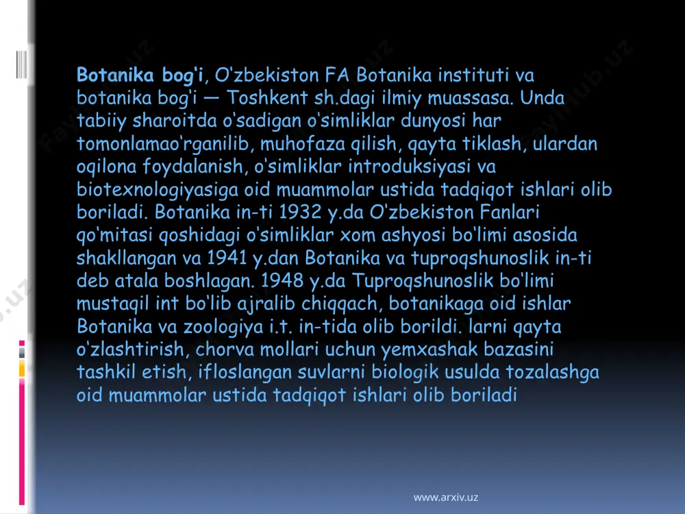 gi birinchi botanika bog'i – ilmiy botanika otasi hisoblangan teofrastga (mill. av. 371-286 illar) tegishli bo'lgan deb hisoblanadi. www.arxiv.uz dunyodagi eng mashhur bog’lar www.arxiv.uz botanika bog’lariga sayohat qilishni istovchi kursdoshlarimga“dunyodagi eng yahshi botanika bog'lari top 3 ligi” nomli qiziqarli ma'lumotni tayyorladim. zilola yuldosheva www.arxiv.uz unga ko’ra birinchilikni rio-de-janeyro botanika bog'i egalladi. rio-de-janeyro shahri (braziliya) janubiy hududidagi jardin-botaniku tumanida joylashgan. bog'da braziliya va chet el o'simliklar dunyosining turfa xillari jamlangan. 54 gektar maydonni egallagan hududda taxminan 6500 o'simlik turi o'sadi, ulardan ba'zilari yo'qolib ketayotgan turlarga kiradi va ayrimlari bir nechta issiqxonalarda saqlanadi. bog’da botanika faniga ixtisoslashtirilgan braziliyadagi eng katta kutubxonaga ega bo'lgan muhim ilmiy markaz ham faoliyat yuritadi. nyu-yorkda joylashgan bruklin botanika bog'ida osiyo turiga mansub 42 ta va payvandlangan 200 ta olcha daraxti mavjud. ushbu bog' yaponiyadan tashqari eng chiroyli olcha bog'laridan biri hisoblanadi. 1-o’rin www.arxiv.uz www.arxiv.uz keyingi o’rinda singapurdagi eng go'zal joylardan biri hisoblangan botanika bog'i turibdi. ushbu bog’ga …