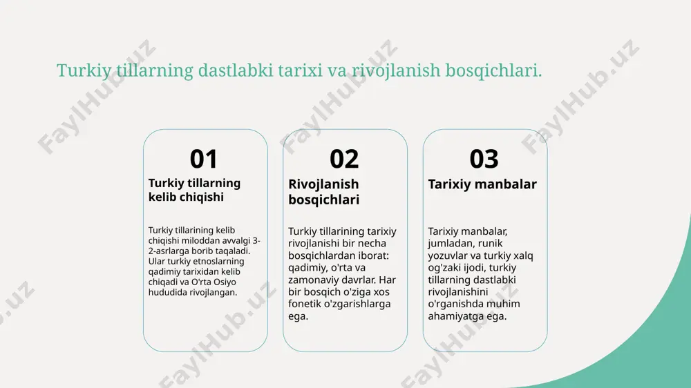 iy kontekst turkiy tillar tarixida fonetik qonuniyatlar, qadimiy yozma manbalarda aks etgan, tarixiy voqealar va madaniyatlar bilan bog‘liqdir. lingvistik ta'sir tarixiy rivojlanishda turkiy tillarning fonetik qonuniyatlari boshqa tillar bilan o‘zaro ta'sirda bo‘lib, ularning evolyutsiyasini belgilaydi. fonetik o'zgarishlar turkiy tillardagi fonetik qonuniyatlar, zamon o‘tishi bilan o‘zgargan, yangi til shakllarining paydo bo‘lishiga zamin yaratgan. fonetik qonuniyatlarning turkiy tillaridagi o'rni va ahamiyati. 01 fonetik qonuniyatlar fonetik qonuniyatlar turkiy tillar rivojlanishida muhim rol o'ynaydi, ular tilning fonetik strukturasi va talaffuziga ta'sir qiladi. 02 tarixiy ahamiyati fonetik qonuniyatlar tarixiy tilshunoslikda muhim ahamiyatga ega; ular turkiy tillarning evolyutsiyasini va o'zaro munosabatlarini tushunishga yordam beradi. 03 madaniy bog'lanish fonetik qonuniyatlar turkiy tillar o'rtasida madaniy aloqalarni mustahkamlashda, ularning o'zaro ta'sirini va farqlarini aniqlashda muhimdir. turkiy tillarning dastlabki fonetik o'zgarishlari va ularning sabablari. 01 dastlabki o'zgarishlar turkiy tillarda dastlabki fonetik o'zgarishlar, asosan, tilning fonetik tizimining rivojlanishi va fonemal strukturaning o'zgarishi bilan bog'liqdir. 02 o'zgarish sabablari fonetik o'zgarishlar, tarixiy va …