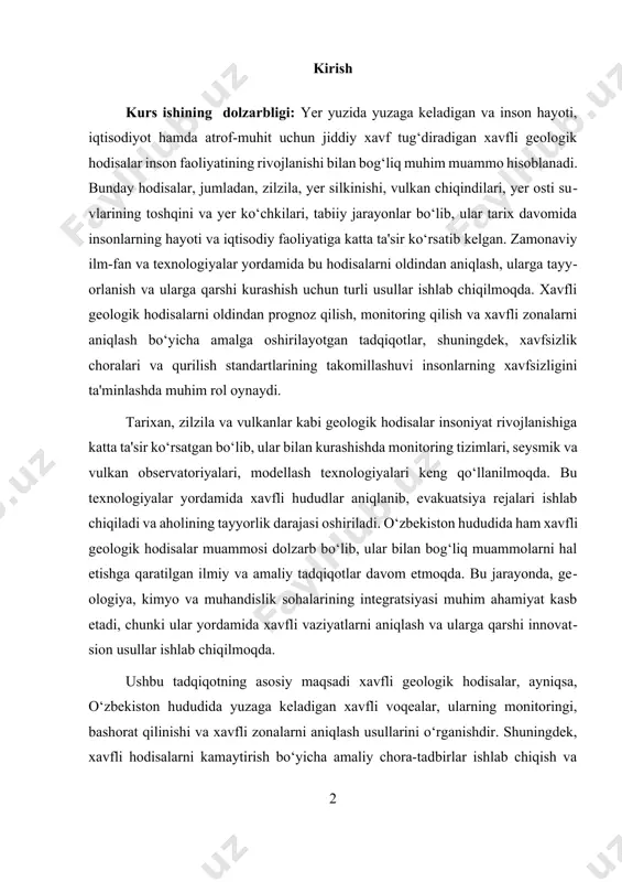 si oshiriladi. o‘zbekiston hududida ham xavfli geologik hodisalar muammosi dolzarb bo‘lib, ular bilan bog‘liq muammolarni hal etishga qaratilgan ilmiy va amaliy tadqiqotlar davom etmoqda. bu jarayonda, geologiya, kimyo va muhandislik sohalarining integratsiyasi muhim ahamiyat kasb etadi, chunki ular yordamida xavfli vaziyatlarni aniqlash va ularga qarshi innovatsion usullar ishlab chiqilmoqda. ushbu tadqiqotning asosiy maqsadi xavfli geologik hodisalar, ayniqsa, o‘zbekiston hududida yuzaga keladigan xavfli voqealar, ularning monitoringi, bashorat qilinishi va xavfli zonalarni aniqlash usullarini o‘rganishdir. shuningdek, xavfli hodisalarni kamaytirish bo‘yicha amaliy chora-tadbirlar ishlab chiqish va tatbiq etish muhim hisoblanadi. bu sohada olib borilayotgan ilmiy izlanishlar, texnologik rivojlanishlar va xalqaro hamkorliklar yordamida xavfli geologik hodisalar bilan kurashishda yanada samarali va tezkor yondashuvlar ishlab chiqilmoqda. bu tadqiqotlar inson hayotini xavfsizroq qilish, iqtisodiy va ekologik barqarorlikni ta'minlash uchun muhim ahamiyat kasb etadi. ularning natijalari orqali, xavfli geologik vaziyatlarni oldindan aniqlash, ularga tayyorlanish va ularga qarshi kurashish borasida yangi ilmiy va amaliy yondashuvlar ishlab chiqilmoqda. shuning …