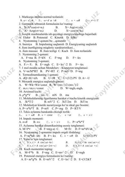 fizika mashinalari uchun formulalar — DOCX