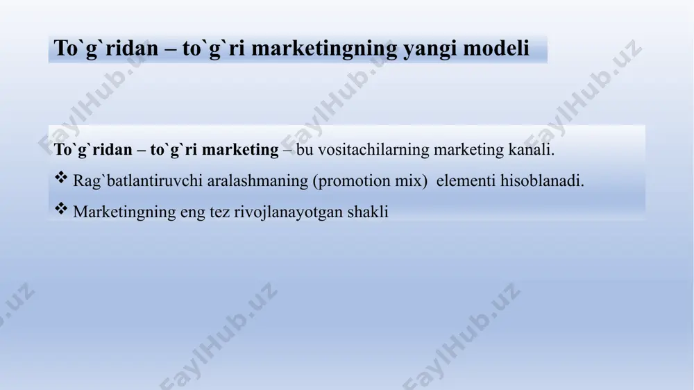 an-to`g`ri marketingning o`sishi va afzalliklari xaridorlar uchun imtiyozlar qulaylik ko`plab mahsulotlarga tayyor kirish kompaniyalar, mahsulotlar va raqobatchilar haqida qiyosiy ma`lumotlarga kirish interaktiv va tezkor to`g`ridan-to`g`ri marketingning o`sishi va afzalliklari sotuvchilar uchun imtiyozlar mijozlar bilan munosabatlarni o`rnatish uchin vosita, bozorlarga erishish uchun arzon, samarali, tezkor alternativ moslashuvchan, boshqa kanallar orqali erishib bo`lmaydigan xaridorlarga kirish to'g'ridan-to'g'ri va raqamli marketingning asosiy shakllari raqamli va ijtimoiy media marketing an`anaviy to`g`ridan-to`g`ri marketing to'g'ridan-to'g'ri mijozlarni jalb qilish va hamjamiyatni yarating an'anaviy to'g'ridan-to'g'ri marketing yuzma-yuz sotish, to'g'ridan-to'g'ri pochta marketingi, katalog marketingi, telemarketing, to'g'ridan-to'g'ri javob tv marketingi, kiosk marketingi raqamli va ijtimoiy media marketingi onlayn marketing (veb-saytlar, onlayn reklama, elektron pochta, onlayn videolar, bloglar), ijtimoiy media marketingi, mobil marketing raqamli asr mijozlarning qulaylik, tezlik, narx, mahsulot ma'lumotlari, xizmat ko'rsatish va brend o'zaro ta'siri haqidagi tasavvurlarini tubdan o'zgartirdi. natijada, u sotuvchilarga mijozlar qiymatini yaratish, mijozlarni jalb qilish va mijozlar bilan munosabatlarni o'rnatishning butunlay yangi usulini berdi. raqamli foydalanish va …