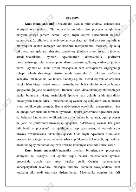 ıń dóretiwshilik pikirlerin rawajlandırıwǵa, olar menen pikir alısıw procesin qollap-quwatlawǵa járdem beredi. oyınlar óz ishine qızıqlı mashqalalar hám wazıypalardı kirgizgenligi sebepli, olardı sheshiwge kirisiw arqalı oqıwshılar óz pikirlew sheńberin keńeytiw imkaniyatına iye boladı. sonday-aq, bul metod oqıwshılar arasında báseki hám birge islesiw ruwxın arttıradı, bul bolsa olardıń oqıwǵa bolǵan qızıǵıwshılıǵın jáne de kúsheytedi. bunnan tısqarı, didaktikalıq oyınlar kóplegen pánler boyınsha tiykarǵı túsiniklerdi ápiwayı hám qolaylı usılda túsindiriw imkaniyatın beredi. mısalı, matematikalıq oyınlar oqıwshılardıń sanlar menen islew kónlikpelerin arttıradı. bunıń nátiyjesinde oqıwshılar matematikanı jáne de qızıqlı hám túsinikli formada úyrenedi. oyınlar járdeminde oqıwshılar ózin-ózi bahalaw hám óz jetiskenliklerin kóre alıw menen bir qatarda, oqıw procesin de jáne de jonlastiradi.juwmaqlap aytqanda, didaktikalıq oyınlar tek ǵana bilimlendiriw procesiniń nátiyjeliligin arttırıp qoymastan, al oqıwshılardıń ulıwma rawajlanıwına úlken úles qosadı. olar arqalı oqıwshılar bilim alıw procesin tek nátiyjeli emes, al kewil ashar etip ótkeredi. sol sebepli, oqıtıwshılar didaktikalıq oyınlar arqalı oqıtıwdı ózlerine imkaniyat sıpatında kóriwi …