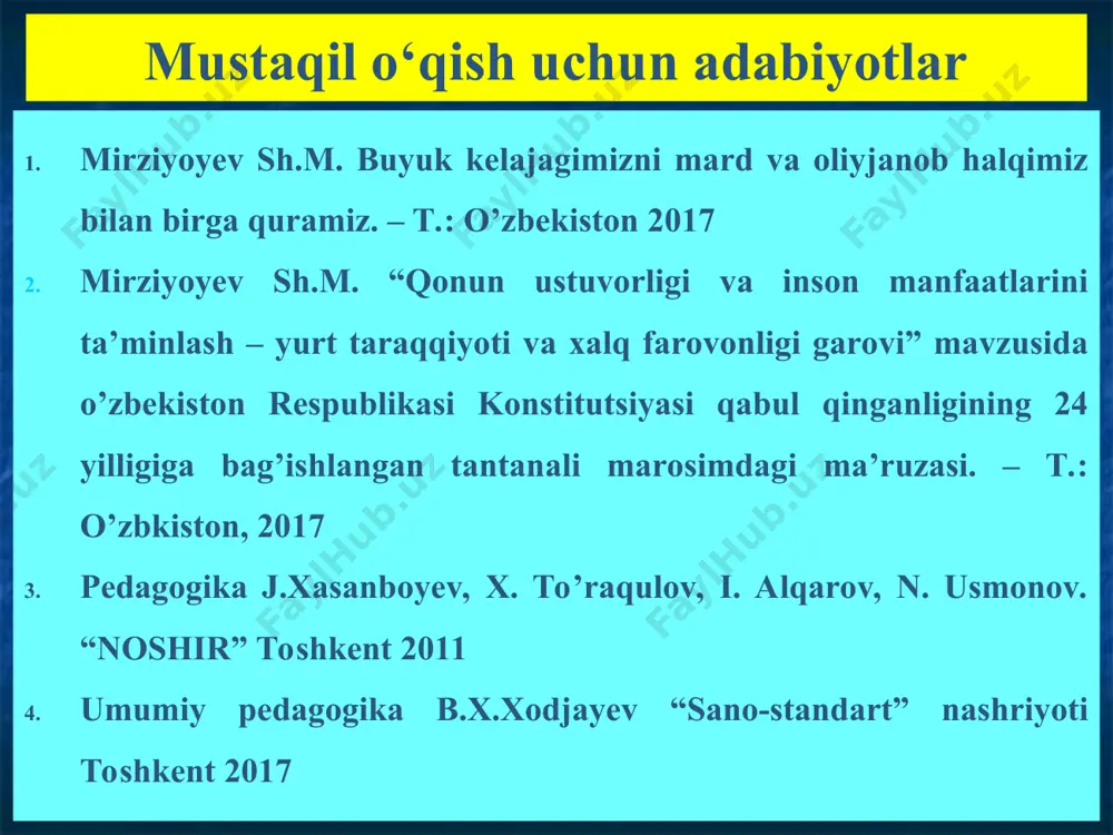 fazilatlar xosil qiladi. tarbiya metodlari klassifikatsiyasi. tarbiyalanuvchilarga ta’sir etishi natijalariga ko‘ra metodlarni ikki guruhga bo’lish mumkin: aхloqiy me’yorlar, motivlarni hosil qilishga, tasavvur, tushuncha, g‘oyalarni shakllantirishga ta’sir etuvchi. xulq-atvorning u yoki bu turini aniqlaydigan odatlarni hosil qilishga ta’sir etuvchi. hozirgi vaqtda o‘zida tarbiya metodlaridagi yagona maqsad, mazmun va tartiblilikni aks ettiruvchi ko‘proq ob’yektiv va qulay metodlar qo‘llaniladi. ana shunday tavsif bilan bog‘liqlikda tarbiya metodlari uch guruhga bo‘linadi: shaхs ongini shakllantiruvchi metodlar. faoliyatni tashkil etish va хulq-atvor tajribalarini shakllantirish metodlari. xulq-atvorni va faoliyatni rag‘batlantirish metodlari. shaxs ongini shakllantirish (ishontirish) metodlariga quyidagilar kiradi: hikoya, tushuntirish, izohlash, ma’ruza, etik suhbat, nasihat, o‘git, ko‘rsatma, munozara, namuna faoliyatni tashkil etish va xulq-atvor me’yorlarini shakllantirish (mashq) metodlari: mashq, pedagogik talab, ijtimoiy fikr, topshiriq, tarbiyalovchi vaziyat. faoliyatni rag‘batlash va motivatsiyalash metodlari: rag‘batlantirish, tanbeh berish, uyaltirish. xalq pedagogikasida tarbiya usullari. xalq pedagogikasida tarbiya usullari. xalq pedagogikasida axloq, odob va tarbiyaning barcha qirralarini o‘zida mujassamlashtirgan.xalq pedagogikasida turlicha tarbiya metodlari hamda …