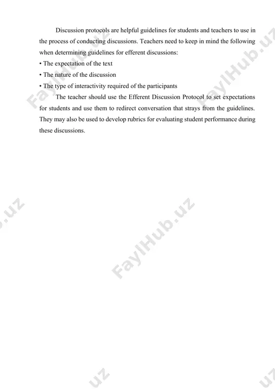 he or she assumes; therefore, the role of the teacher is to remain neutral. effective contributions that a teacher can make to create an efferent discussion include: leading students back to the text challenging students to support their position or claim about the text asking questions that guide students to question the text or their position/claim about the text any comments or body language that teachers display to discourage students from relying on the text as their primary source of information during discussion will derail the text extraction process and goal of an efferent discussion. teachers need to know specifically what types of things they can say or do to sustain an efferent discussion. any of the following are appropriate: paraphrasing what they hear students say during discussion that may need clarification for the benefit of the listeners posing a question to the entire group to grapple with an issue …