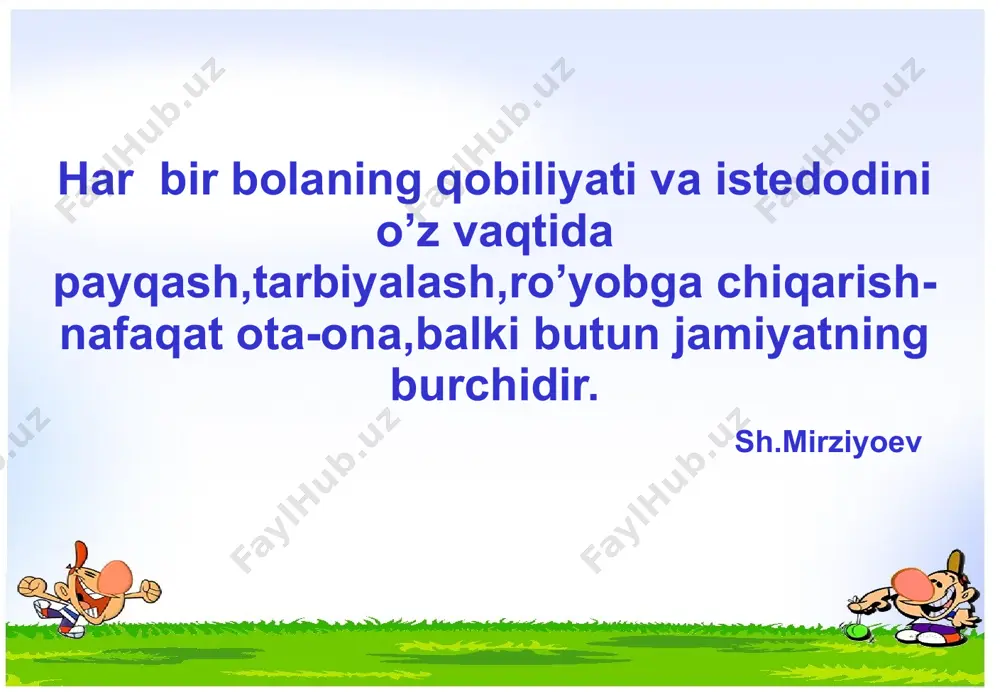 yonida bola ulardan foydalanishni o’rganadi; kasblar bilan yaqindan tanishish imkoniga ega bo’ladi; o’yinlarda oila a’zolarining o’zaro munosabatlari aks etadi va ular orqali axloqiy tarbiya olish (tarbiyachi uchun esa oiladagi muhitni) o’rganadi. til va nutq markazi til va nutq markazi til va nutq markazda bolaning nutqi va nutq madaniyati rivojlanadi. kitobga mehr o’yg’otish uni sevib avaylash kabi hislatlar shakllanadi.bolalar kitoblar yaratishga, yangi g’oyalarni taklif qilishga juda qiziqadilar.muvaffaqiyatli nutqni rivojlantirish uchun o’yinlar(suyujeti rasmlari,teatrning har xil turlari,she’rlar,bolalar kitoblari kutubxonasi va boshqalar ijodiy faoliyat jarayonida bolalar ko’plab kashfiyotlar qiladilar,shaxsiy yutuqlrga erishadilar.olingan natija bolalar ijodining birinchi va juda muhim bosqichidir. tarbiyachi tomonidan ushbu markaz tashkil etilsagina, samarali natijalarga erishiladi. fan va tabiat markazi ilm-fan va tabiat markazi bu markaz bolalarni tabiat va undagi hodisalarni bilish uchun eng katta imkoniyatga egadir; tarbiyachi bu markazni to’g’ri tashkil etsa, bolalar tabiat haqidagi 90 foiz bilimni shu yerda olishi mumkin; tajriba sinov maydonchasida o’tkaziladigan tajribalar bolalarda qiziqish uyg’otadi va …