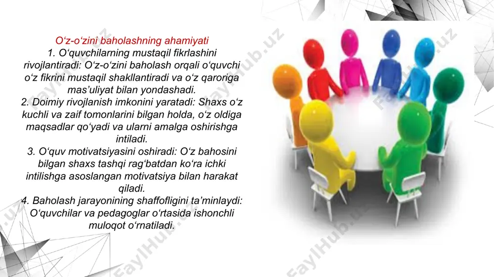 uruhni baholashning real dars jarayonida qo‘llanilishi mumkin bo‘lgan ba’zi strategiyalari: 1. reflektiv kundaliklar – o‘quvchi darsdan so‘ng qisqacha yozma fikr bildiradi: nimalarni o‘rgandi, qanday qiyinchiliklar bo‘ldi, qanday yechimlar topdi. 2. yulduz, oy, savol metodi – dars oxirida o‘quvchilar: ★ – nimani yaxshi bajardim 🌙 – nimani yaxshilashim kerak ❓ – nimani tushunmadim 3. baholash kartalari (rubrikalar) – oldindan belgilangan mezonlarga ko‘ra har bir o‘quvchi o‘z va boshqalar faoliyatini ball bilan baholaydi. 4. guruh ichida tahlil qilish – guruh yakunidan so‘ng, har bir a’zo qisqacha fikr bildiradi: kim qanday ishtirok etdi, nimalar yaxshi o‘tdi, nimani yaxshilash kerak. natijalar va pedagogik yutuqlar tadqiqotlar va amaliy tajriba shuni ko‘rsatadiki, o‘z-o‘zini va guruhni baholash: o‘quvchilarning mas’uliyat darajasini oshiradi o‘zini anglashi, tan olishi, rivojlanishga intilishi kuchayadi jamoaviy fikrlash va ijtimoiy aloqalar mustahkamlanadi o‘qituvchi uchun esa bu shaffof va samarali baholash tizimini yaratish imkonini beradi xulosa o‘z-o‘zini baholash va guruhni baholash – zamonaviy ta’lim jarayonining ajralmas, …