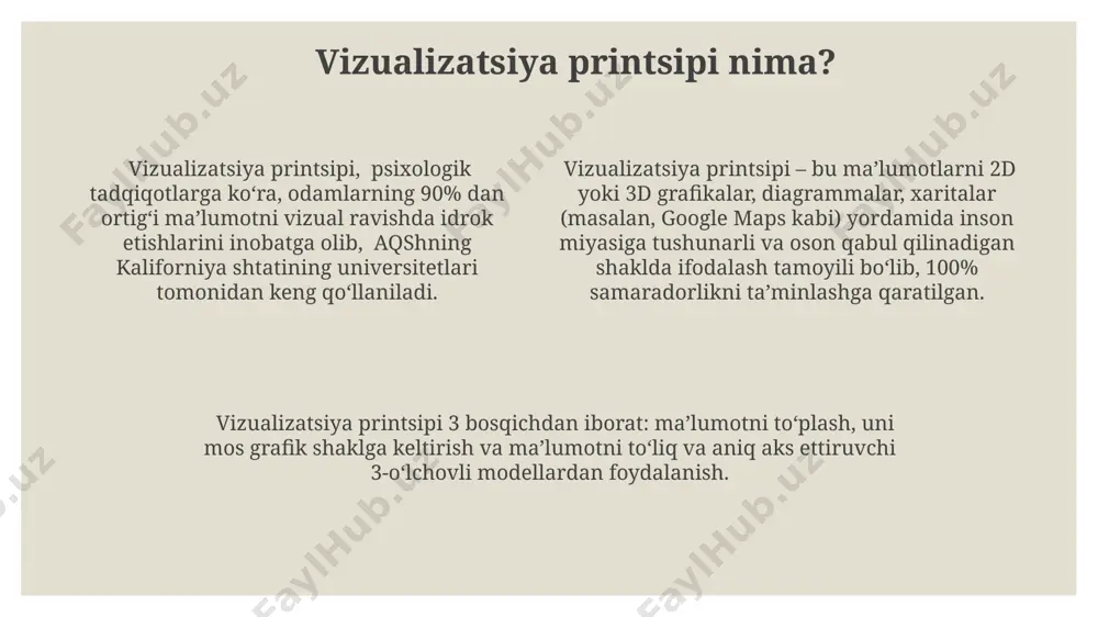 avobdan iborat viktorina, vizualizatsiya printsiplari bo'yicha bilim darajasini 7 ball shkalasi orqali baholash imkonini beradi. samarqanddagi 2-kollej talabalari uchun 5 ta turli xil ranglar va 15 ta geometrik shakldan foydalanib yaratilgan interfaol taqdimot, vizualizatsiyani yaxshiroq anglashga yordam beradi. onlayn platformalardan foydalanish онлайн овоз бериш воситаларидан фойдаланиб, визуаллаштириш усулларининг самарадорлигини 5 баллик тизим бўйича баҳолаш ва натижаларни 25 та иштирокчига ҳамда андижондан бўлган кузатувчиларга онлайн тарзда кўрсатиш мумкин. zoom каби онлайн платформалар орқали 20 дан ортиқ иштирокчига визуаллаштириш принципларини тушунтириш учун интерактив тақдимотлар ўтказиш ва самарқанддан бўлган экспертлар билан онлайн мулоқот ўрнатиш мумкин. онлайн платформалар, масалан, google jamboard ёки miro, 10 дан ортиқ иштирокчи билан ҳамкорликда визуаллаштириш усулларини намойиш этиш имконини беради, бундай ҳамкорликда 3d-моделлар яратиш ва тошкентдаги ҳамкорларга реал вақтда кўрсатиш мумкин. simulyatsiya va modellashtirish vositalari suv resurslarini boshqarishda, andijon viloyatining 2 ta daryosidagi suv oqimini simulyatsiya qilish orqali, 5 yil ichida suv tanqisligining 20% ga kamayishini taxmin qilish mumkin. …
