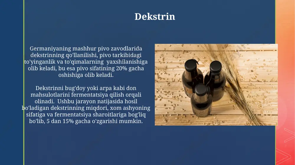 arish uchun muhim xom ashyo hisoblanadi. pivo ishlab chiqarishda ishlatiladigan bug'doyning sifat ko'rsatkichlari, uning 100 grammdagi oqsil miqdori, 12% dan yuqori bo'lishi va ekstraktiv moddalar tarkibi kabi omillar bilan aniqlanadi. fruktoza fruktoza, as a simple sugar, bo'lishi mumkin, pivo ishlab chiqarishda kamdan-kam qo'llaniladi, lekin ba'zi evropa mamlakatlarida, masalan, germaniyada, 2-3% miqdorida qo'shiladi. fruktoza pivo ichimligiga shirinlik qo'shish uchun ishlatilishi mumkin, lekin uning qo'llanilishi miqdori, ta'm xususiyatlariga bog'liq holda, 1-5 gramm/litr dan oshmasligi kerak. amylaza amilaza fermentatsiyasi jarayonida kraxmalni shakarga aylantirishda muhim rol o'ynaydi, bu esa pivo ishlab chiqarishda taxminan 60-70% gacha bo'lgan qand miqdorini ta'minlaydi va jahon bo'ylab pivo zavodlarida qo'llaniladi. amylaza, xususan, beta-amilaza, arpa kabi donalardagi kraxmalni maltoza shakariga parchalaydi, bu esa pivo xamirturushining oziqlanishi uchun muhimdir va osiyo mamlakatlarida keng tarqalgan. kislotalar o'zbekistonning andijon viloyatidagi meva-sabzavot ekinlaridan olingan kislotalar pivo ishlab chiqarishda tabiiy tat va rang beruvchi sifatida qo'llanilishi mumkin, bu mahsulotning sifatini 3-5 ballga yaxshilaydi. pivo tayyorlashda …